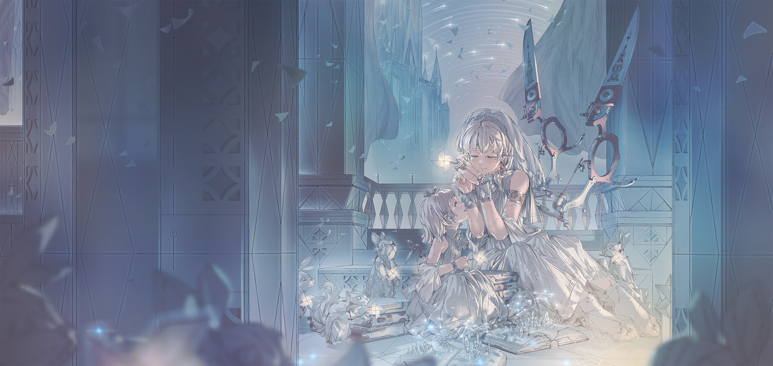 Two anime girls in white dresses with giant scissors HD Wallpaper