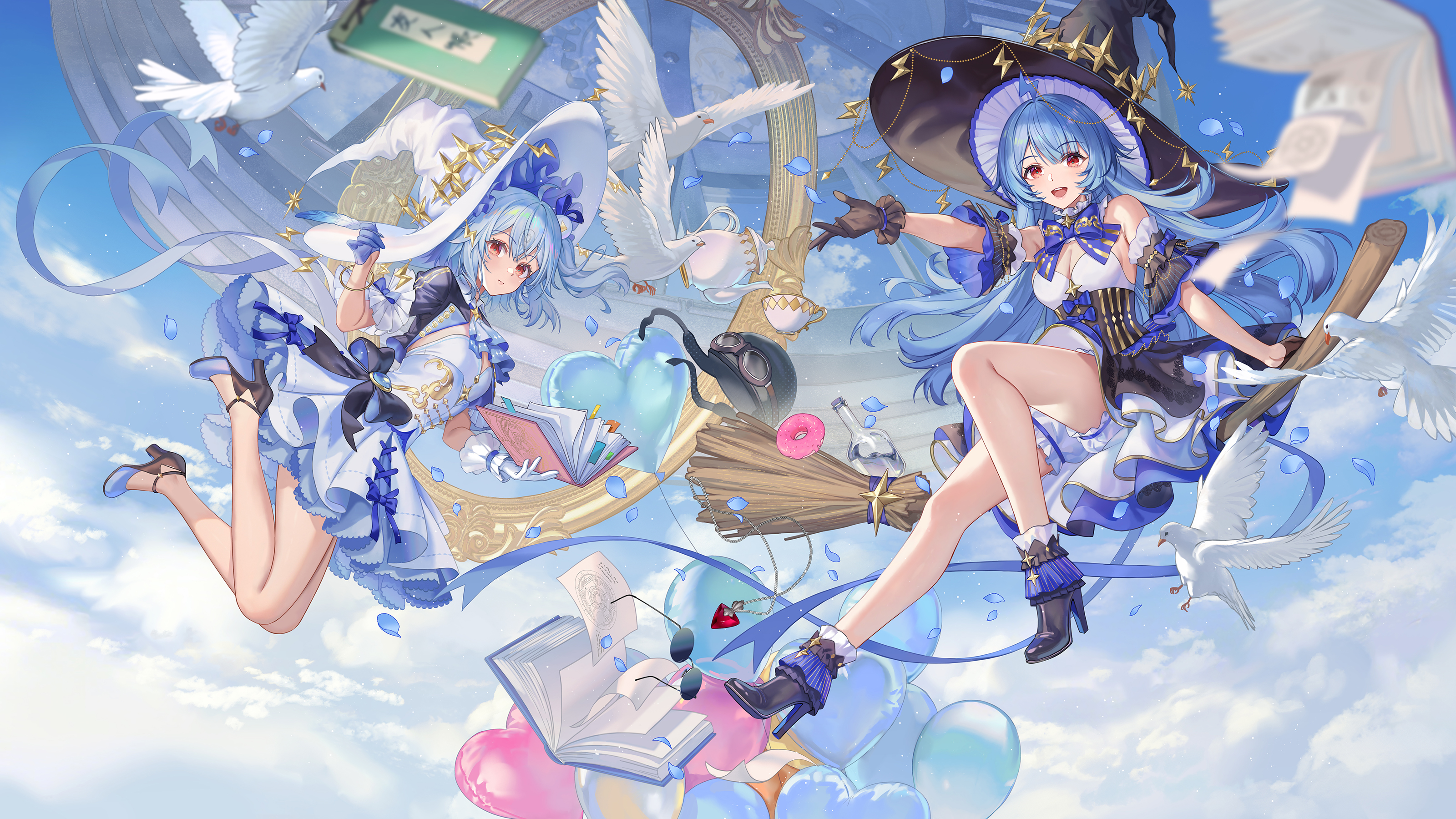 Two anime witches flying with doves and books HD Wallpaper