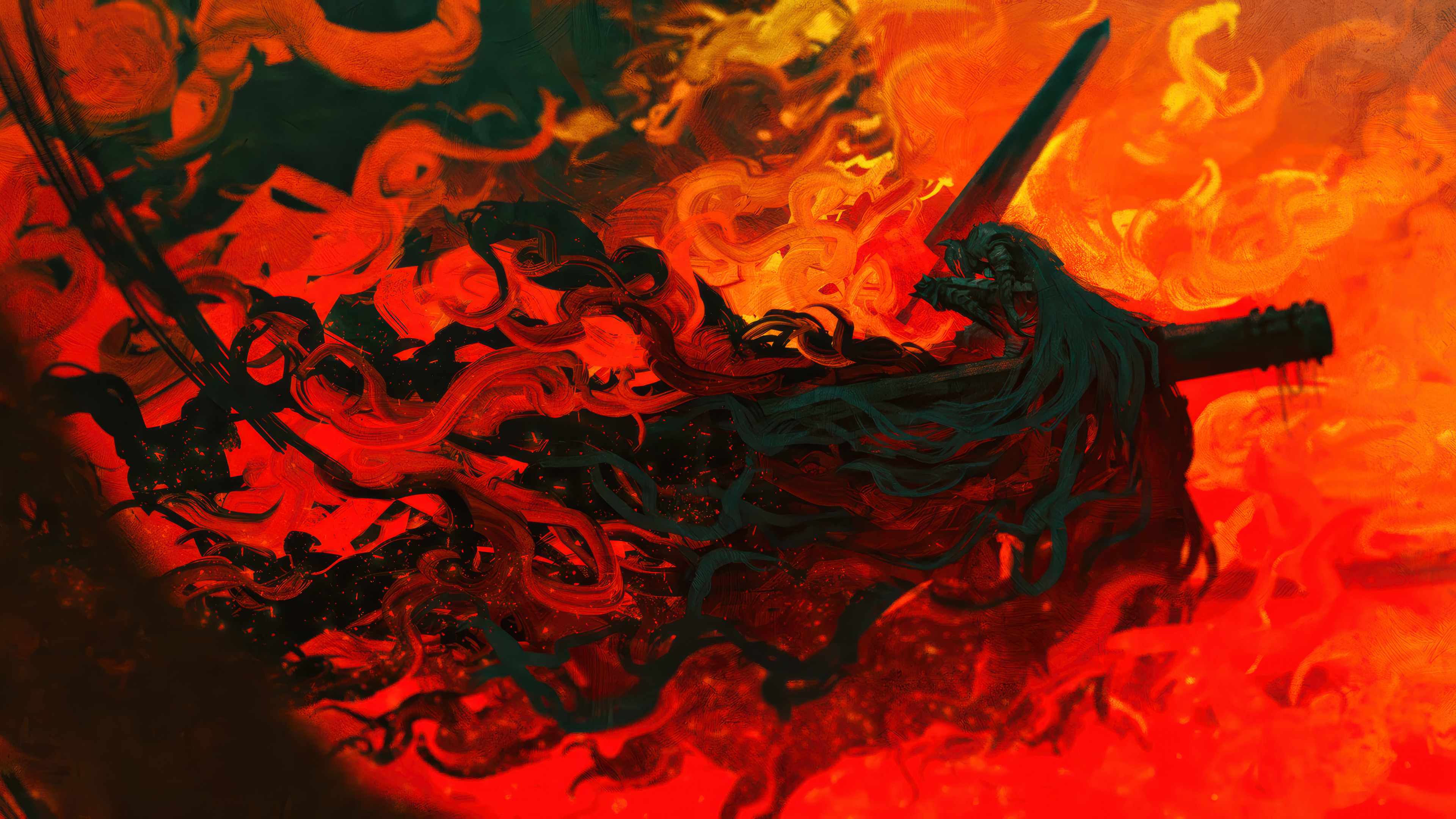 Guts with Dragonslayer in a fiery abyss HD Wallpaper