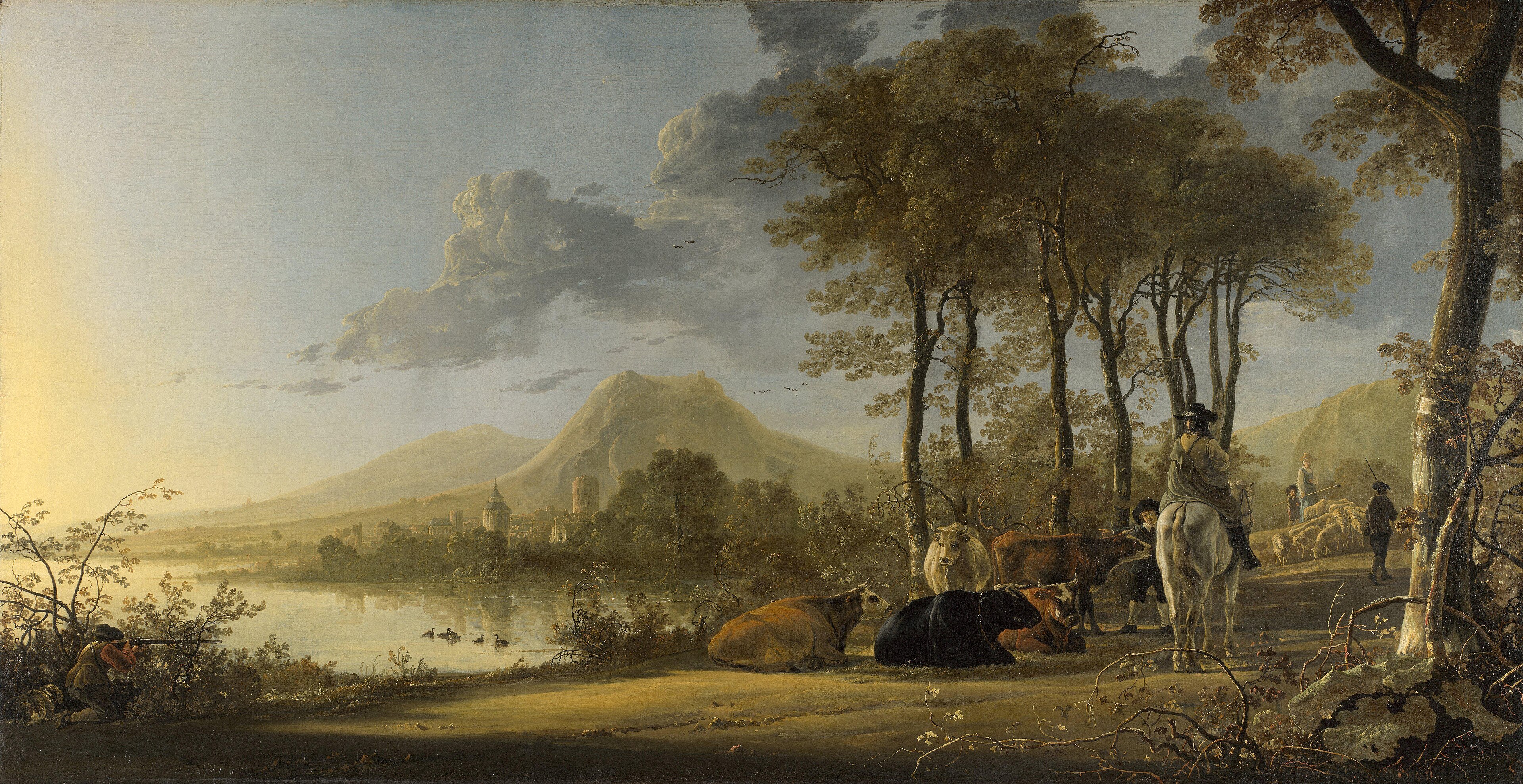 River landscape with horseman and peasants HD Wallpaper