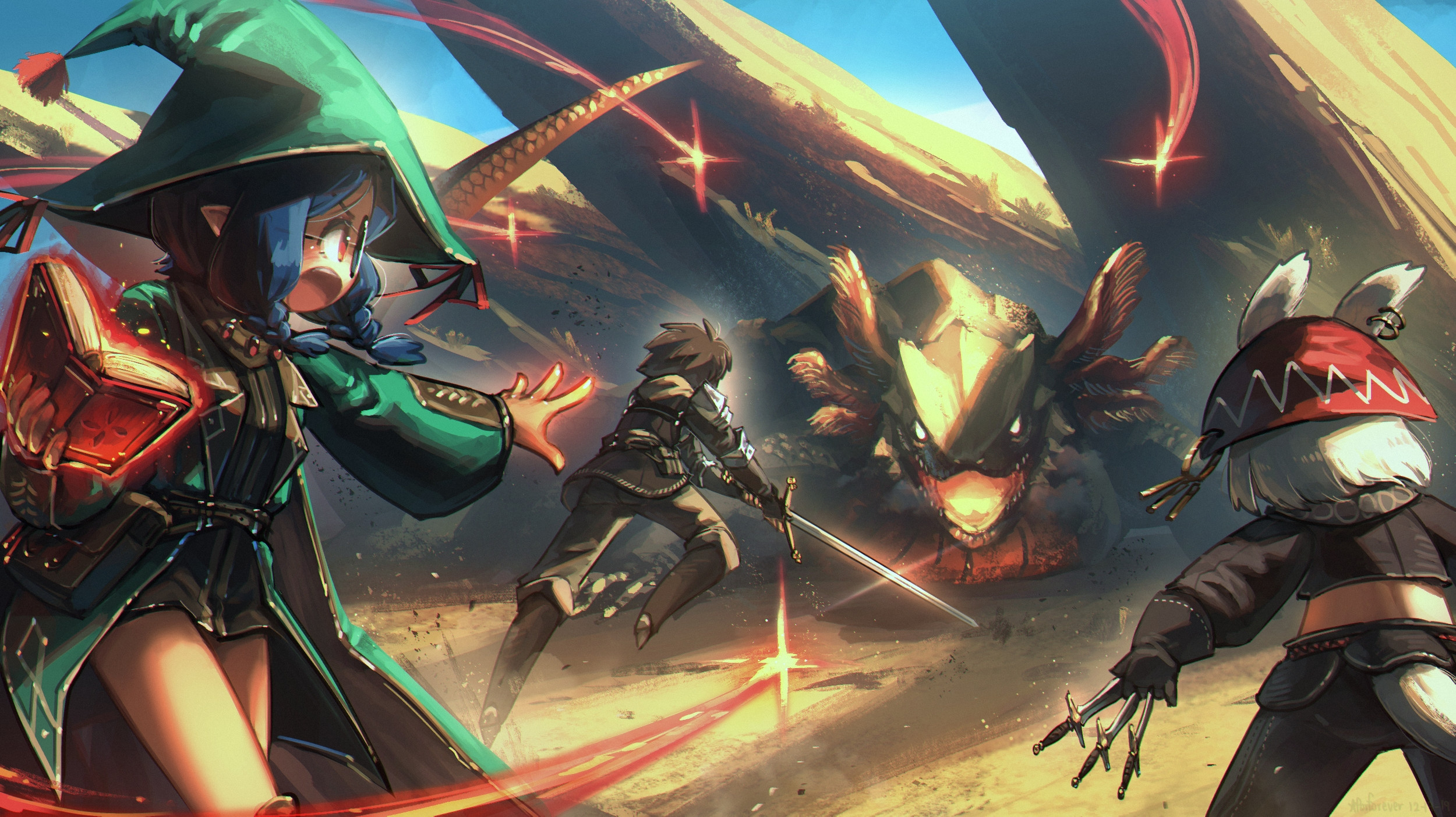 Anime characters battle a monster in a desert HD Wallpaper