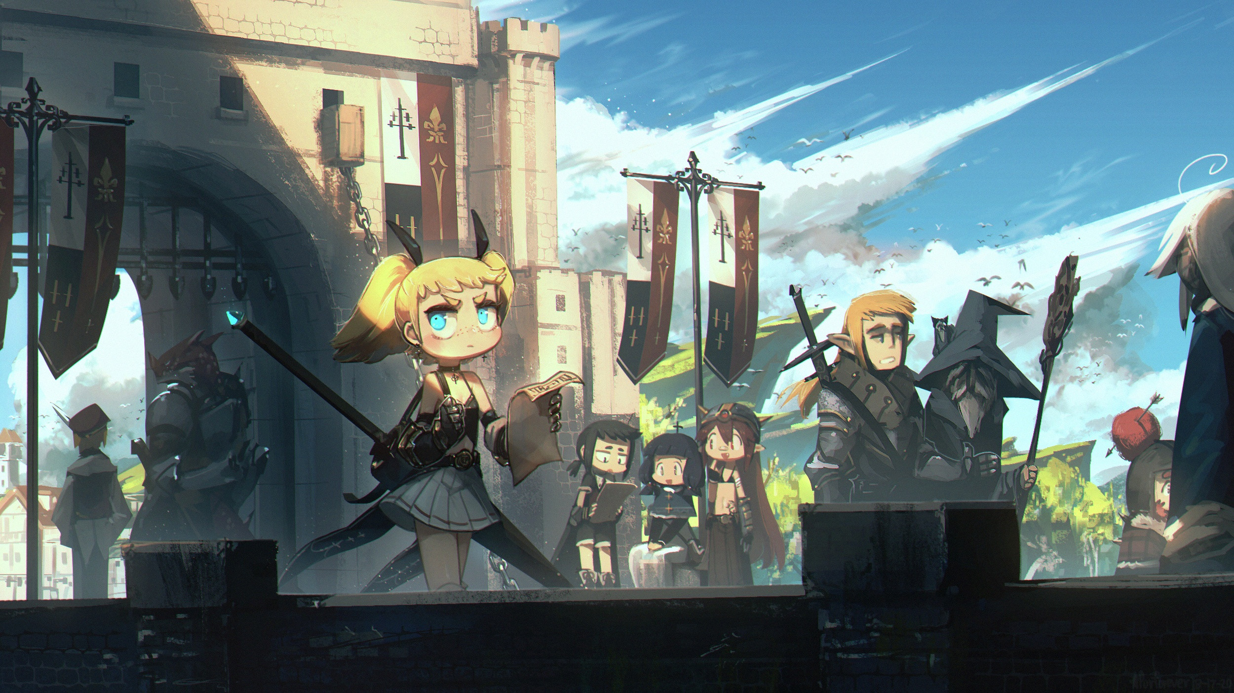 Fantasy characters gathered at a castle gate HD Wallpaper