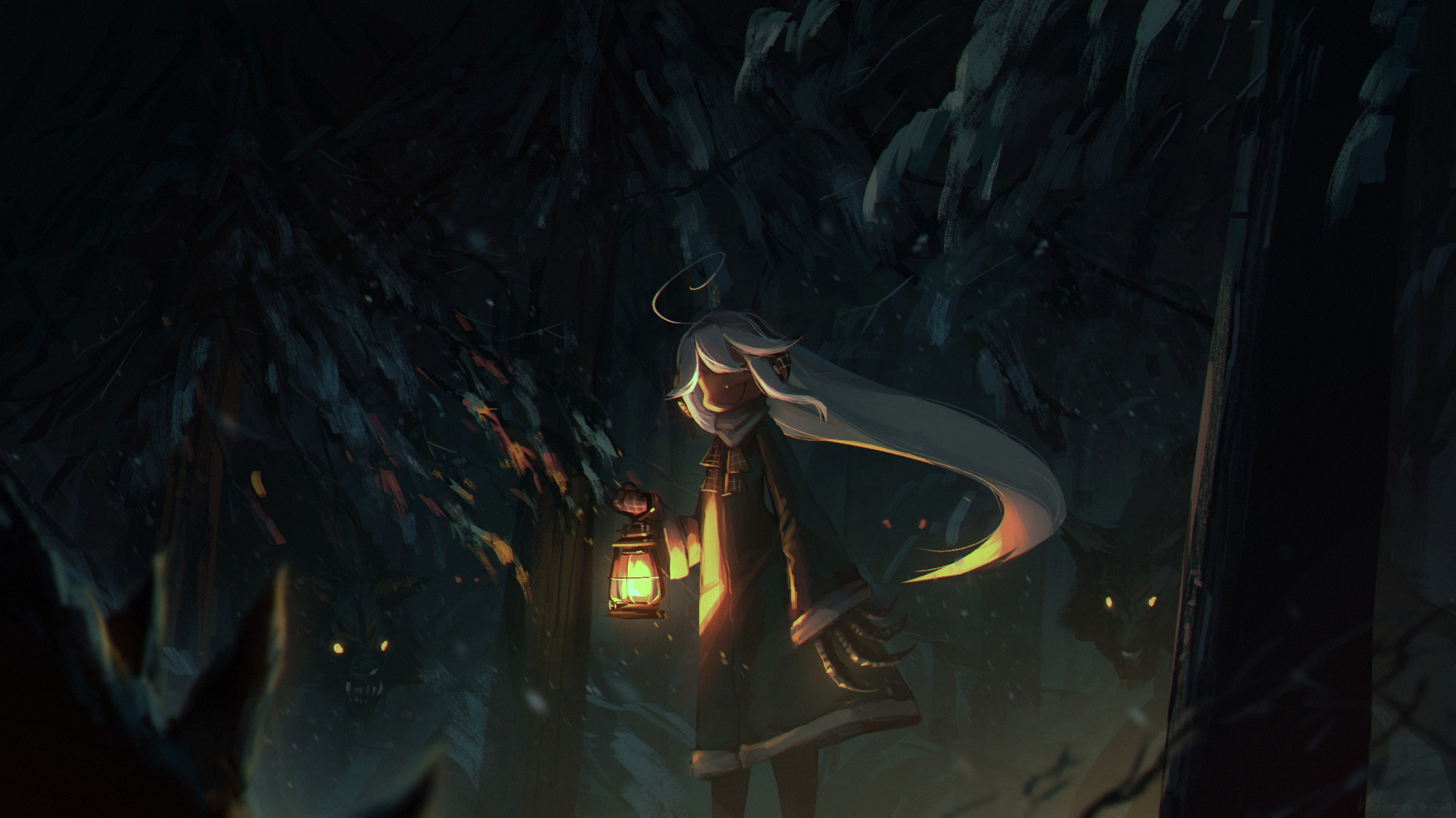 Anime girl with lantern in dark forest with wolves HD Wallpaper