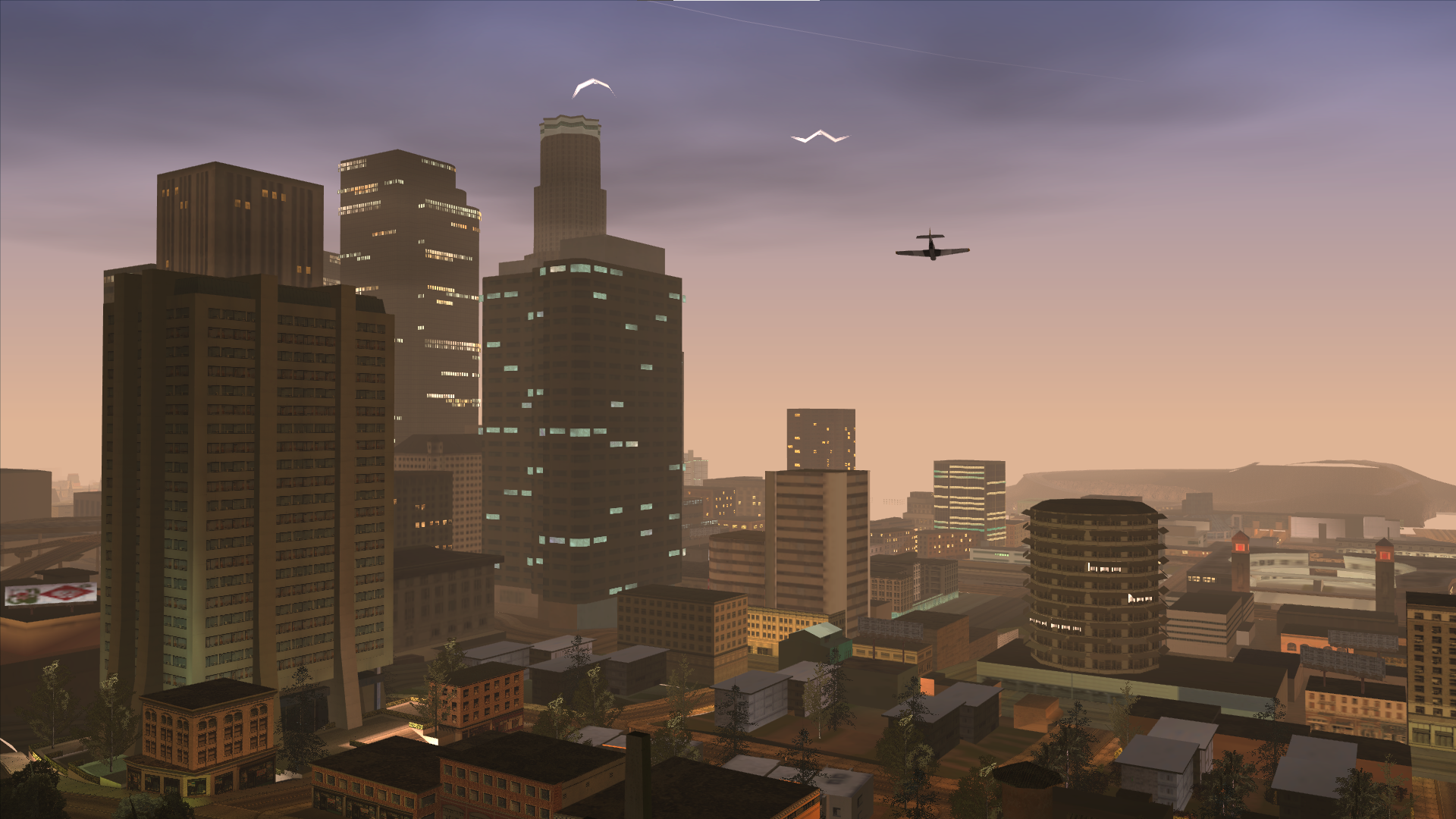 Cityscape with skyscrapers and a plane at dusk HD Wallpaper