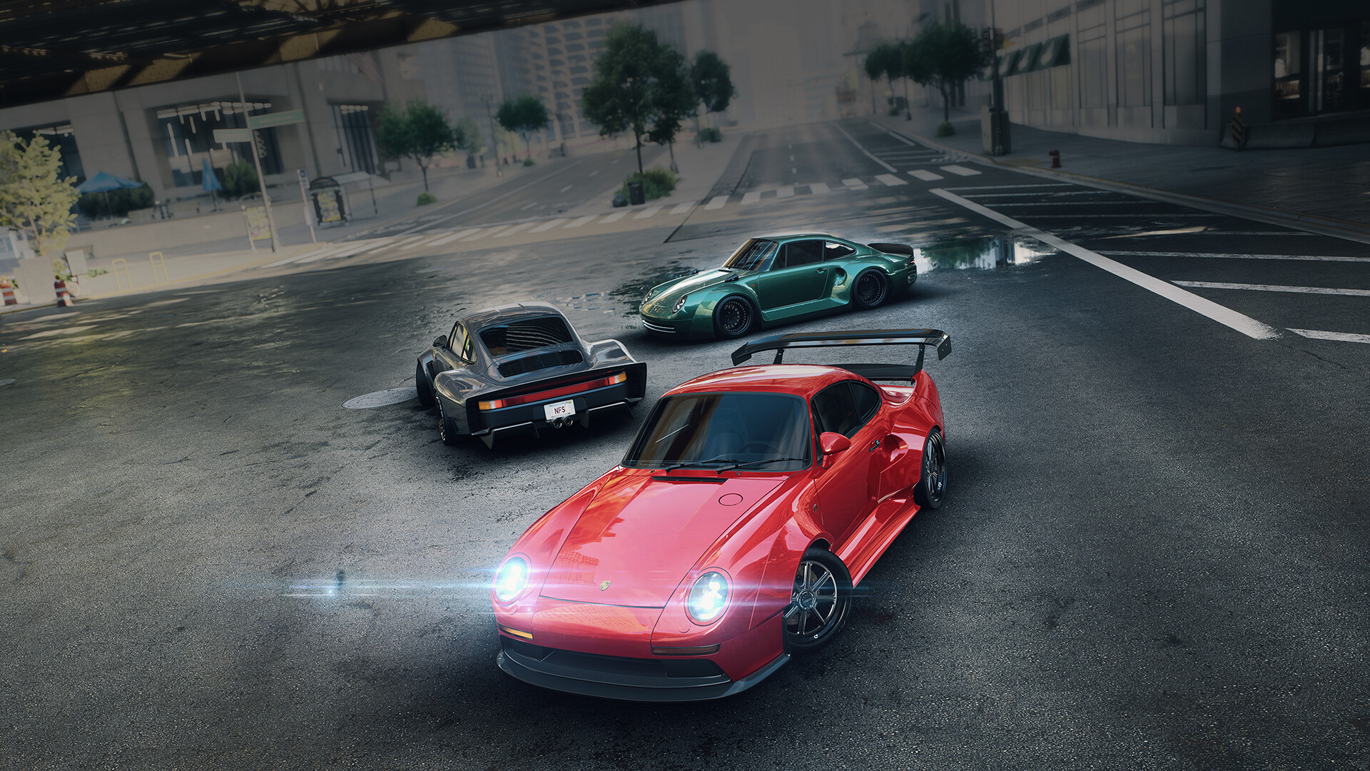Three modified Porsche cars on a wet city street HD Wallpaper