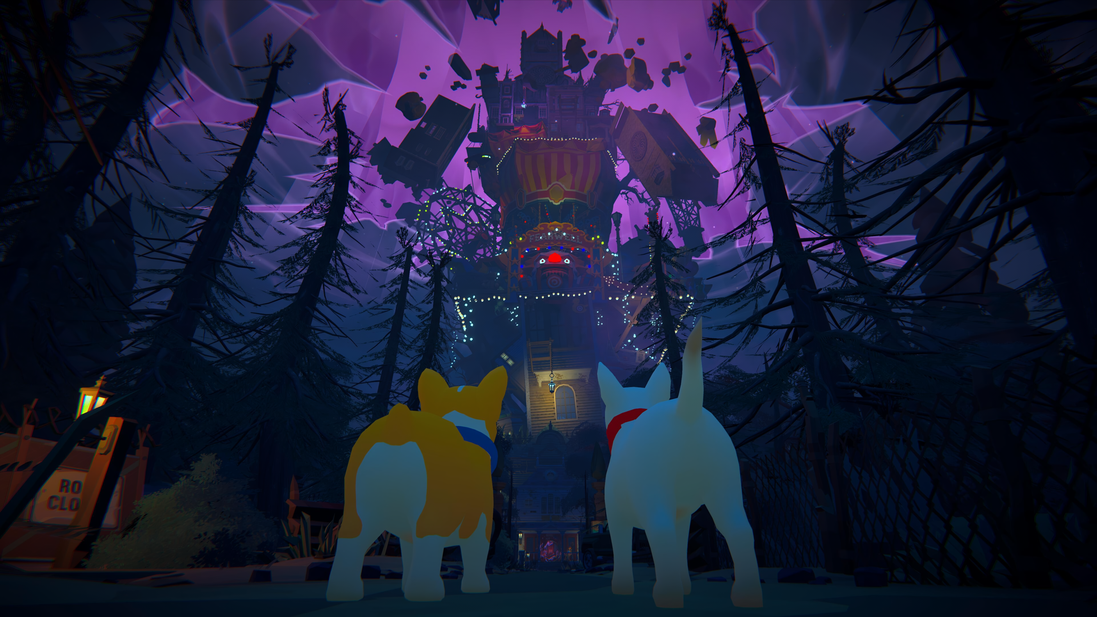 Two dogs look at a floating, surreal carnival structure HD Wallpaper