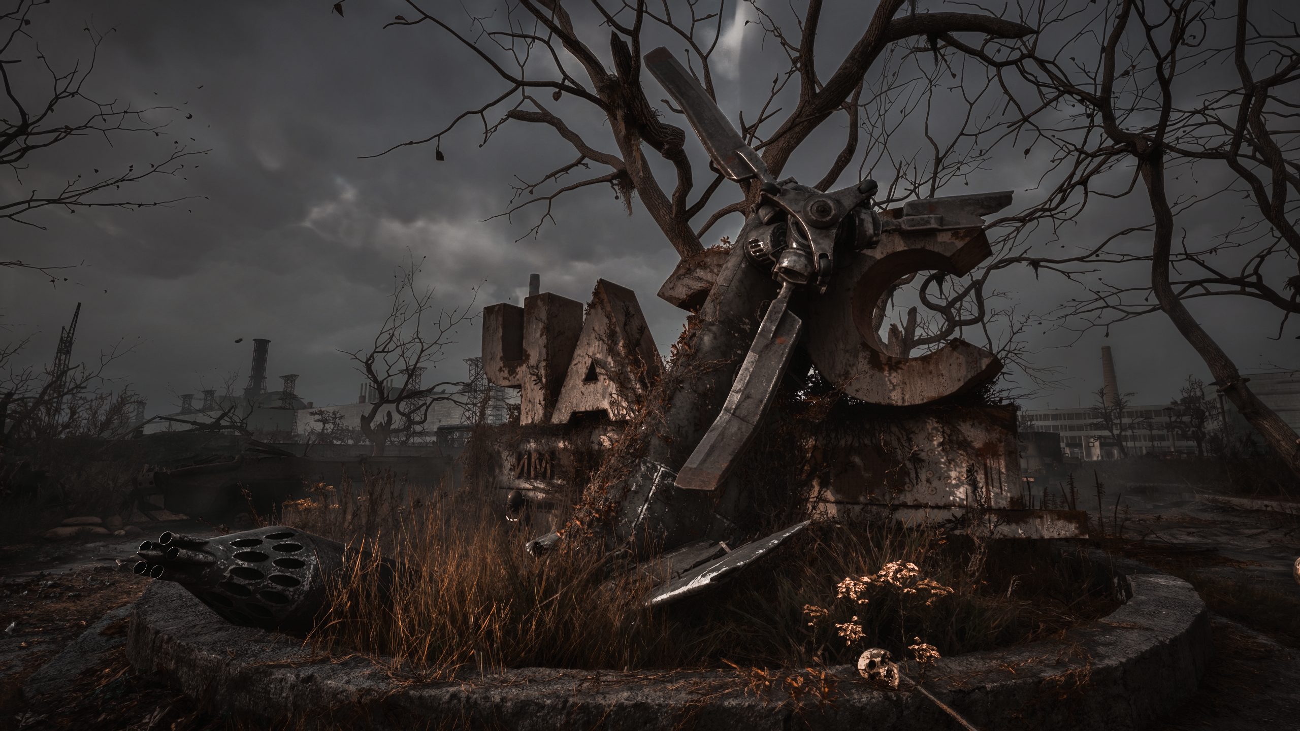 Post-apocalyptic industrial landscape with broken sign HD Wallpaper