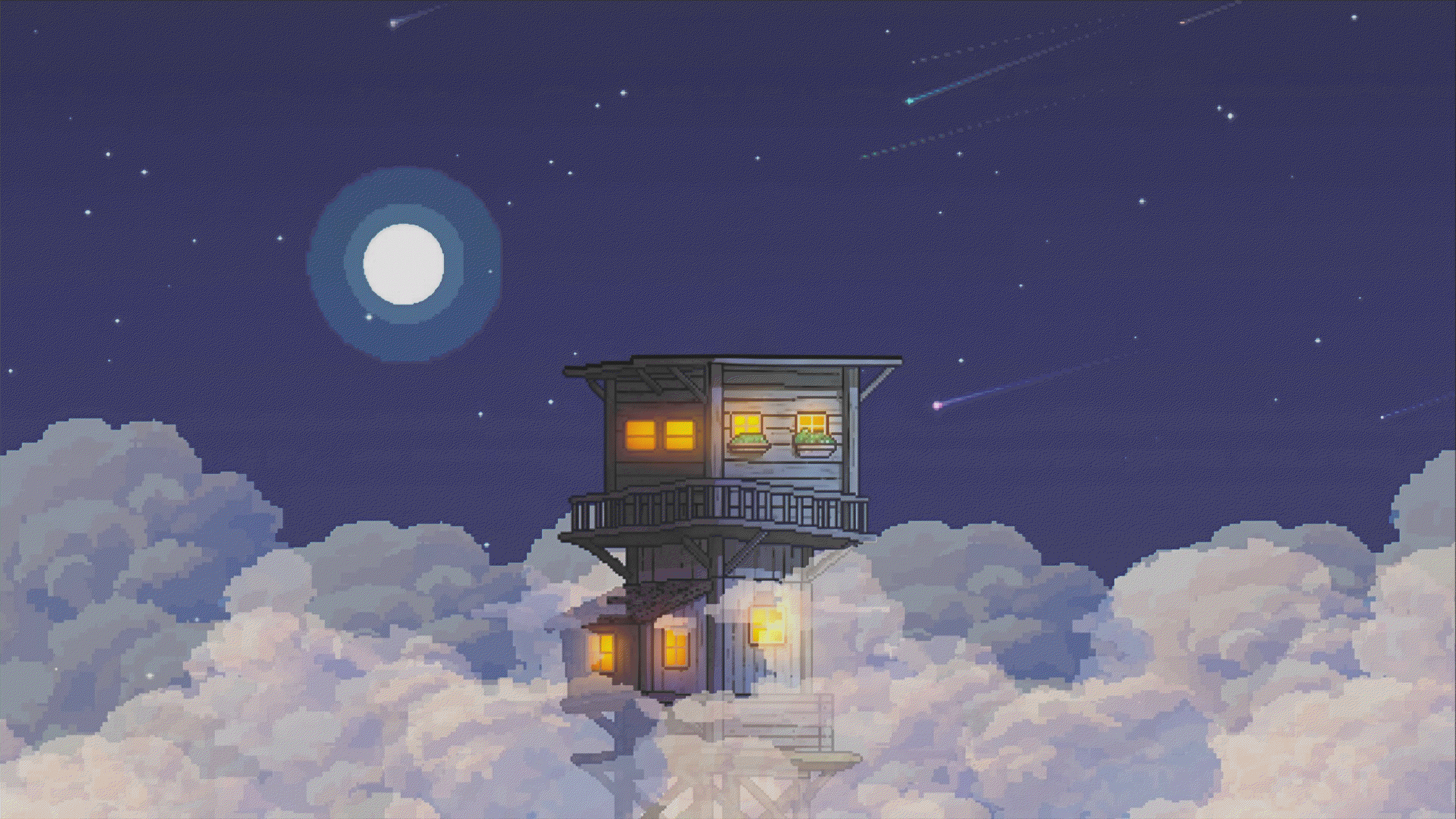 Pixel art house in clouds under starry night sky HD Wallpaper
