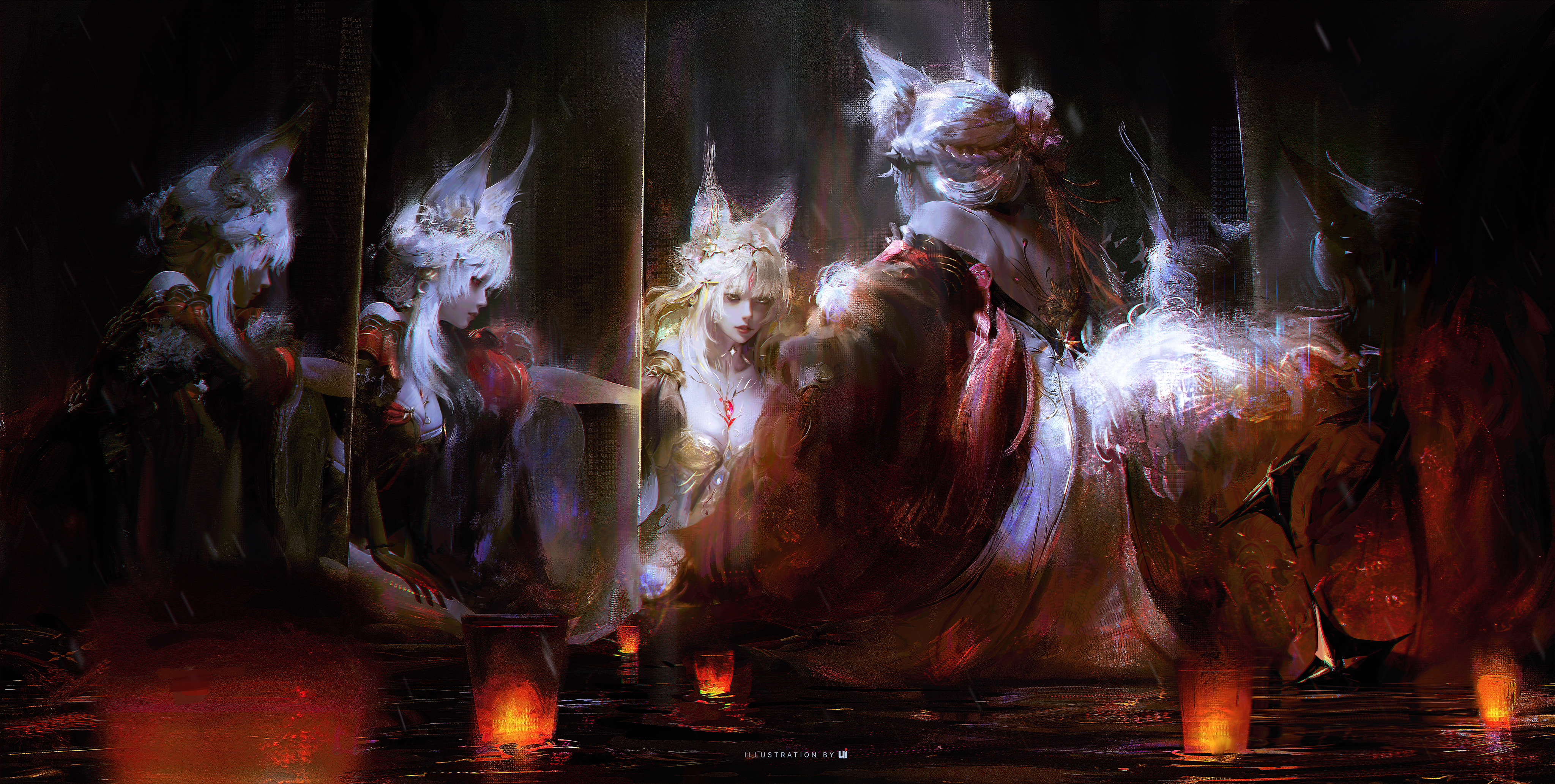 Fox-eared women in ornate dresses by candlelight HD Wallpaper