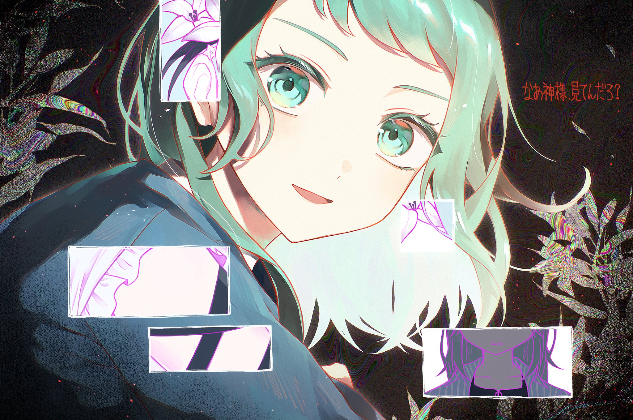 Anime girl with mint green hair and flowers HD Wallpaper