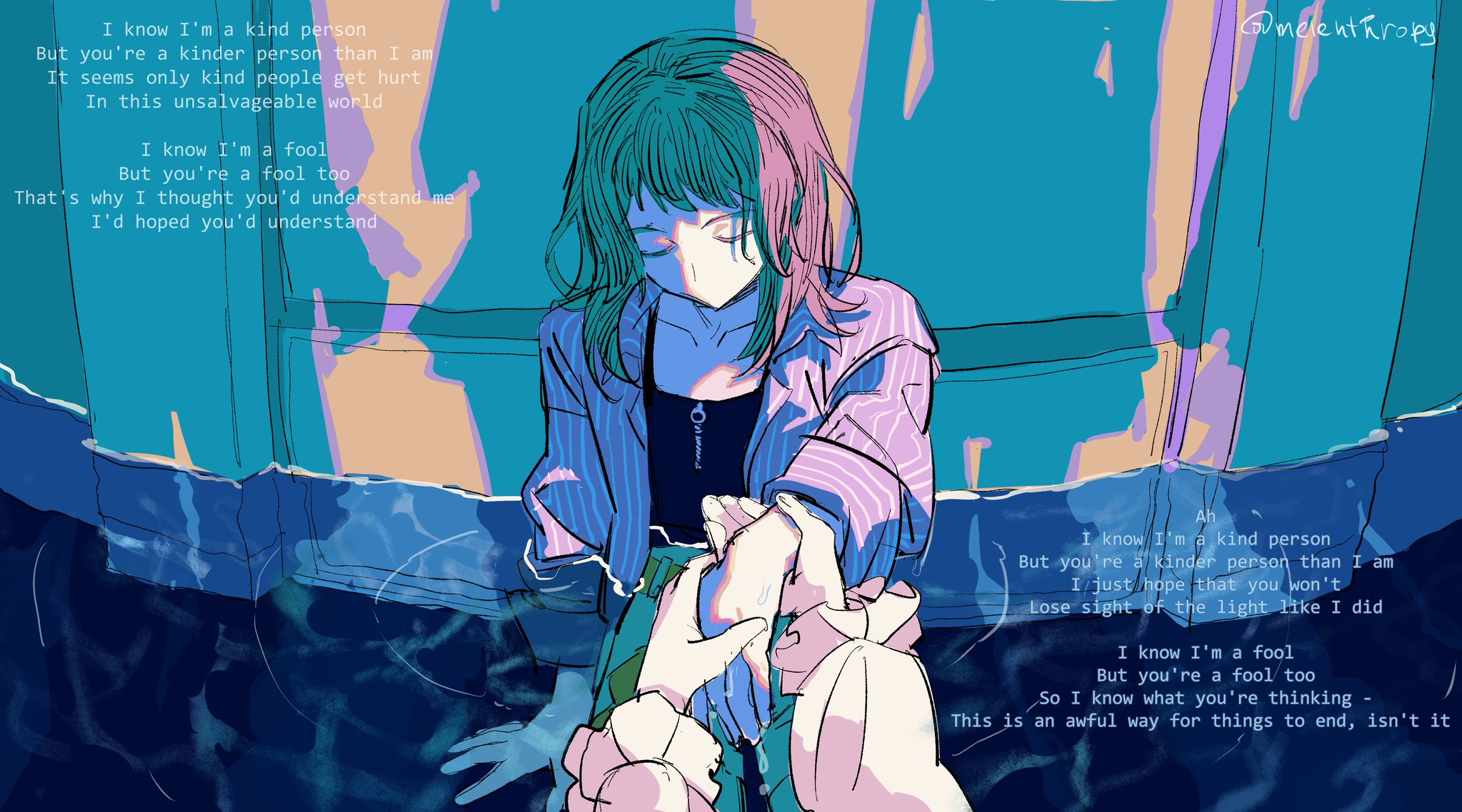Anime girl holding hands in water with text HD Wallpaper