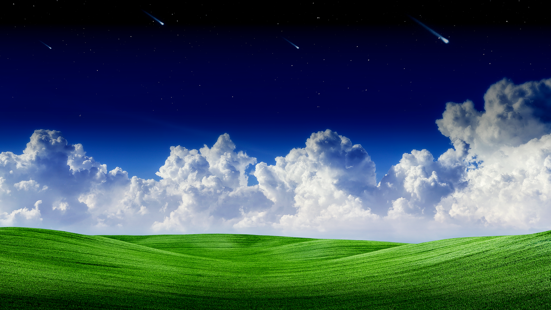 Rolling green hills under a starry night sky with comets HD Wallpaper