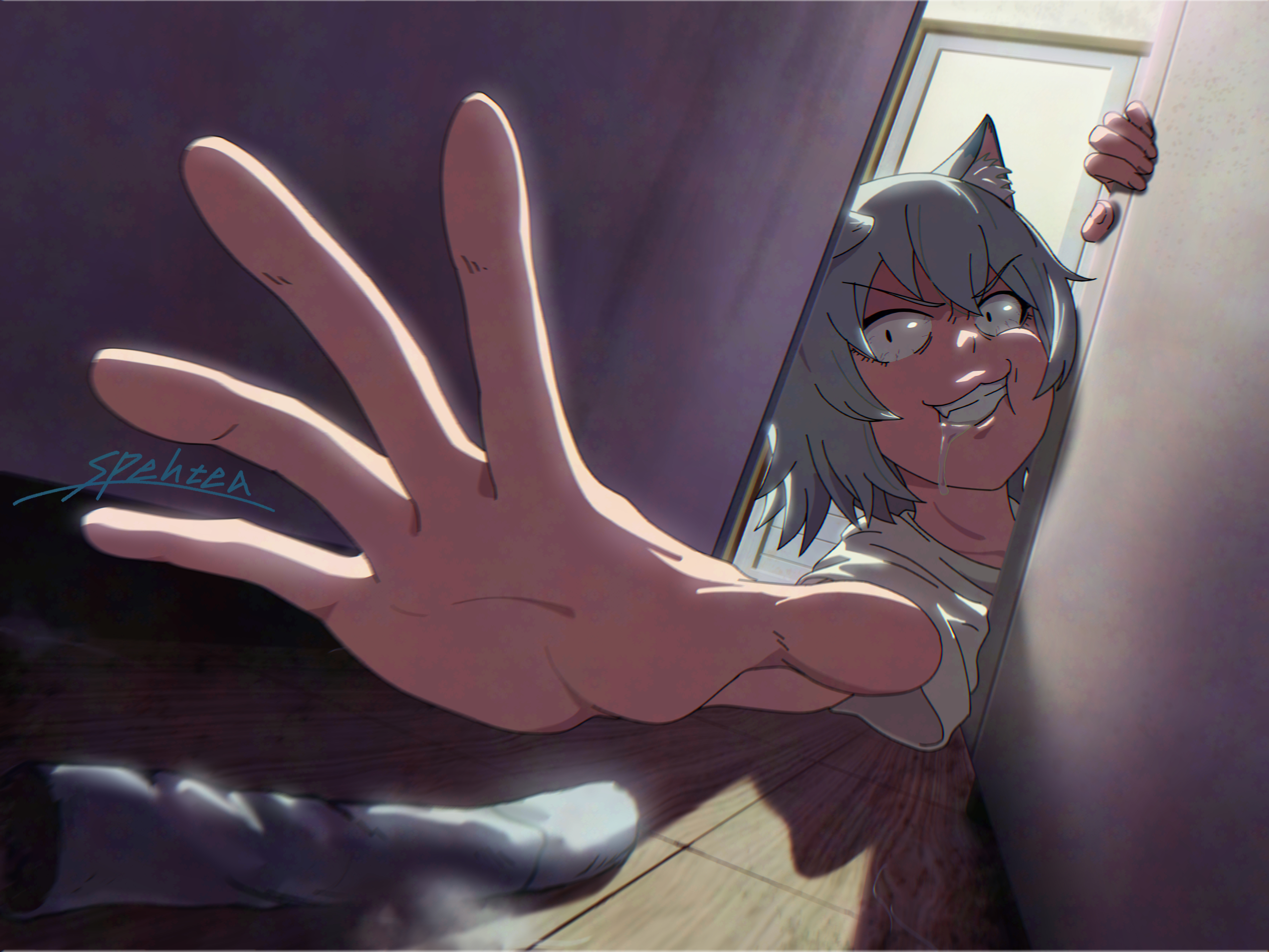 Anime girl with cat ears peeking through a door HD Wallpaper