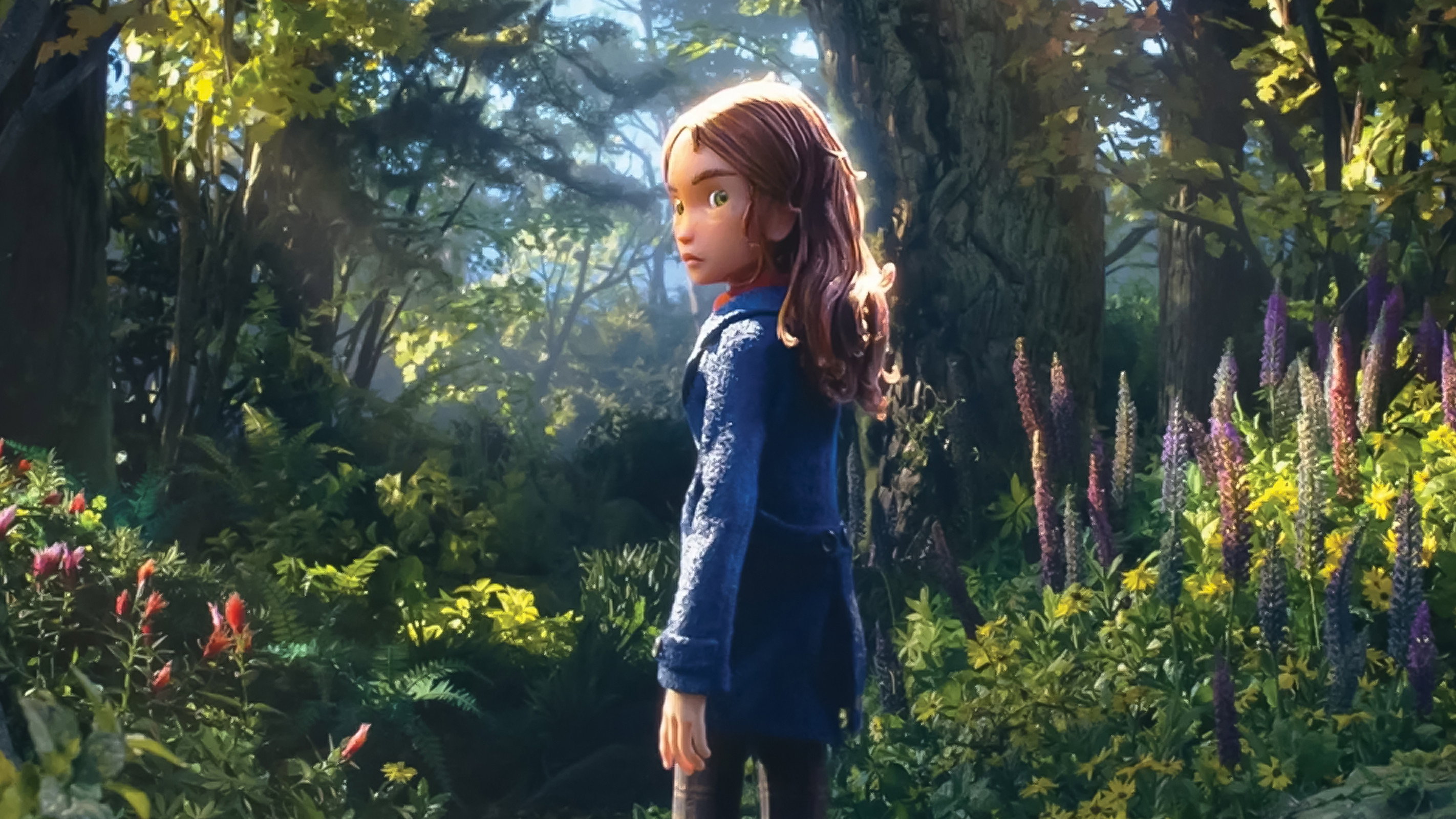 A young girl in a blue coat in a magical forest HD Wallpaper