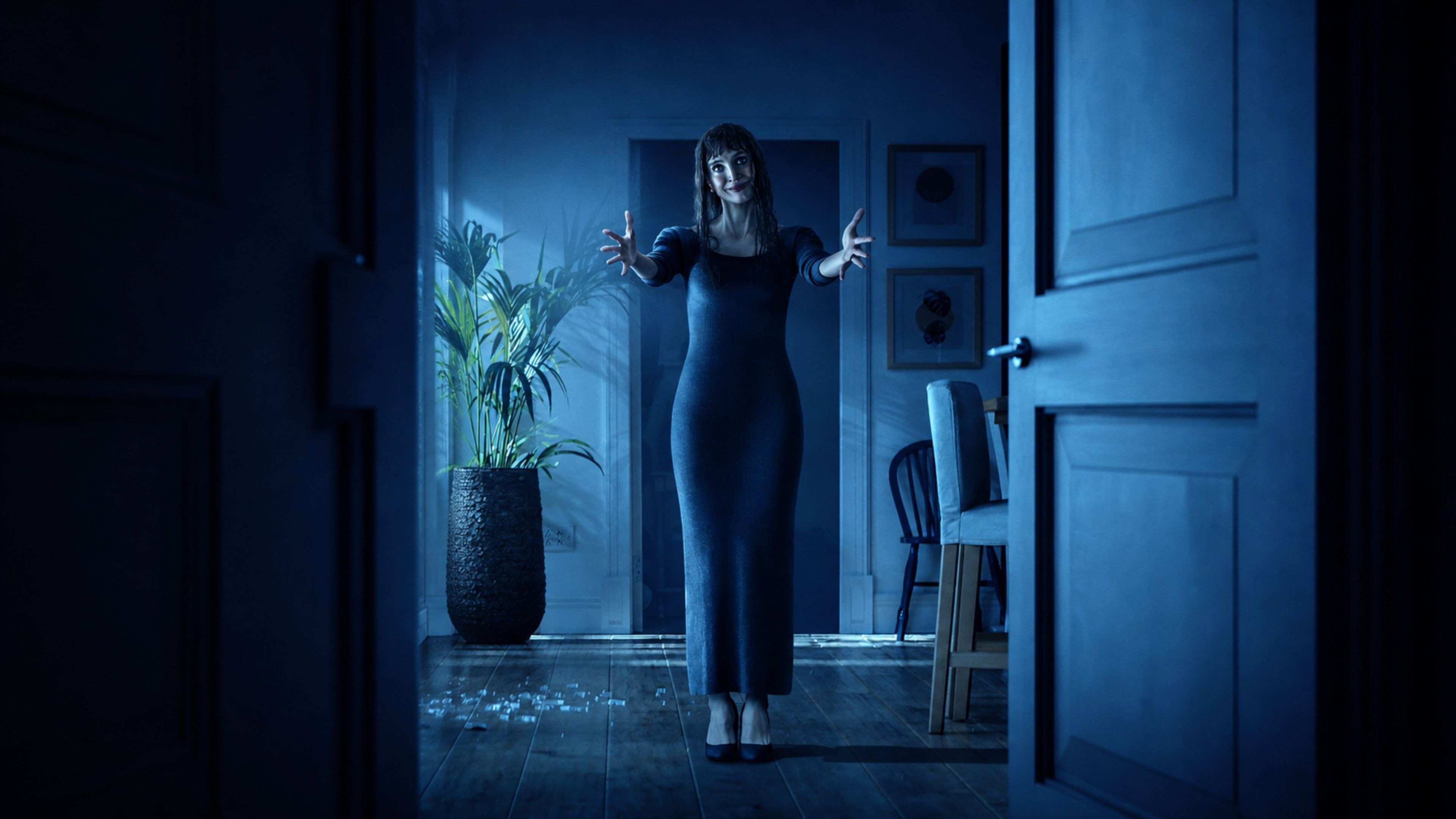 Woman in dark dress with arms outstretched in a room HD Wallpaper