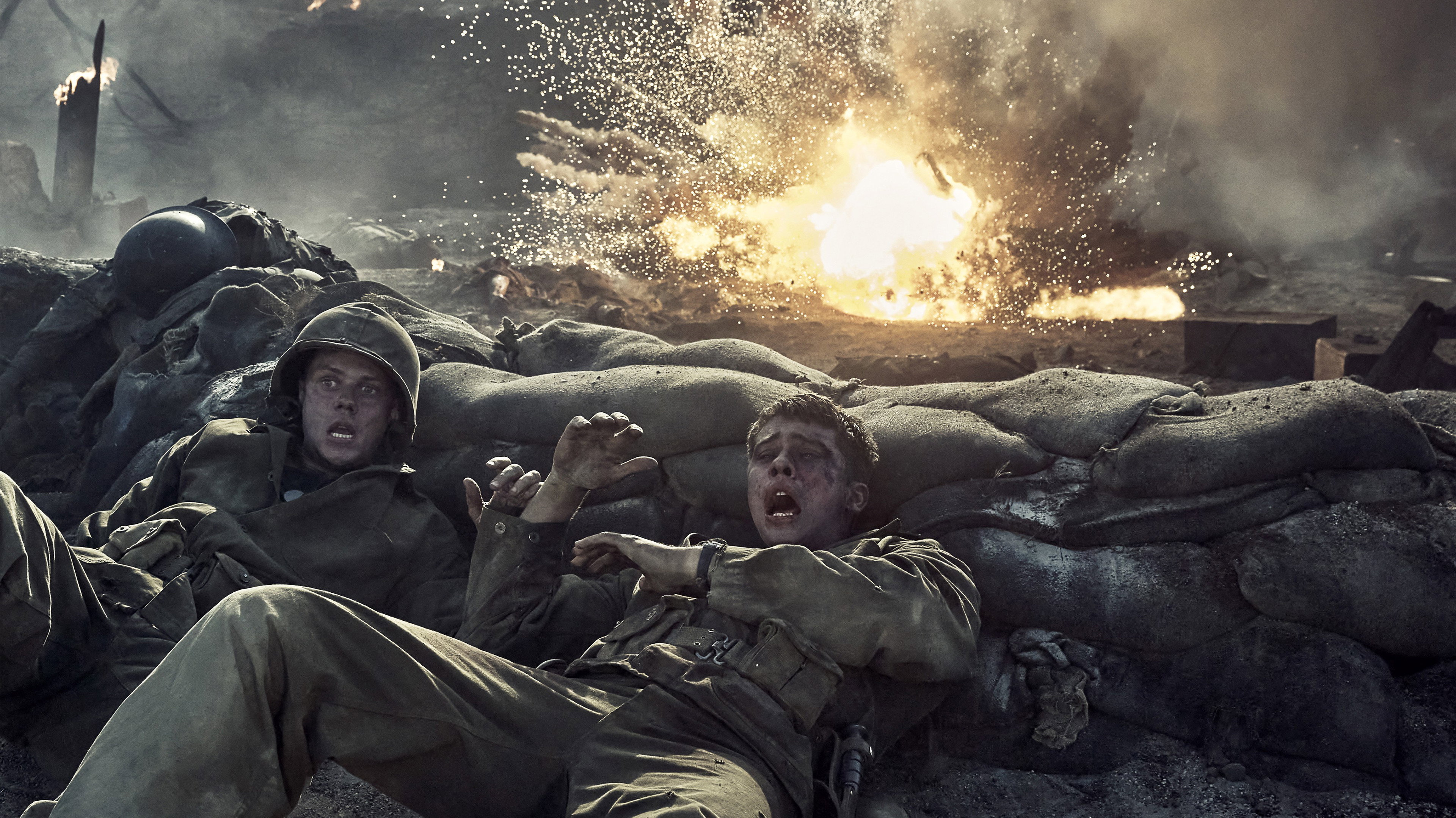 Soldiers in a trench during an explosion HD Wallpaper
