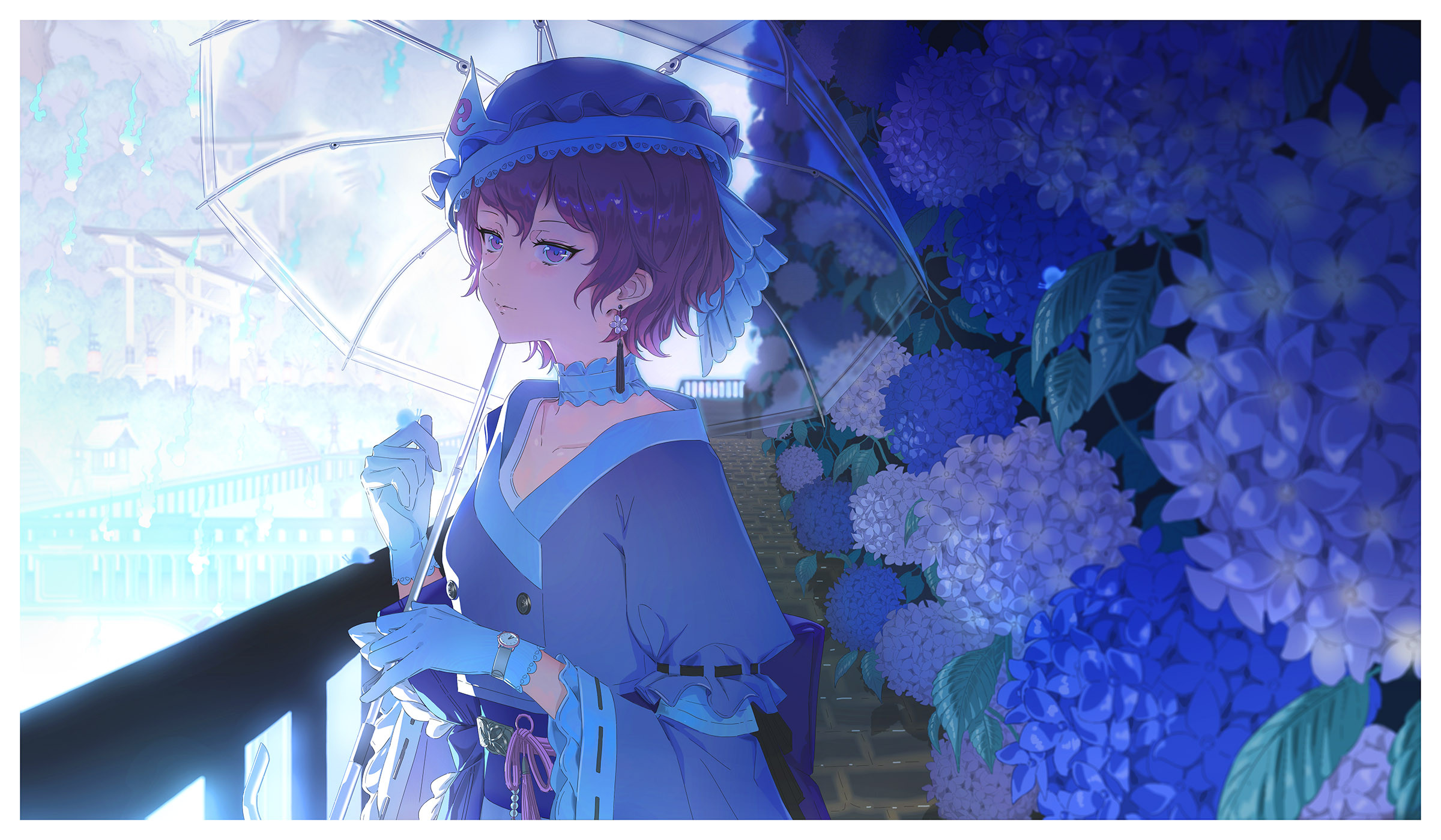 Anime girl with umbrella and hydrangeas HD Wallpaper