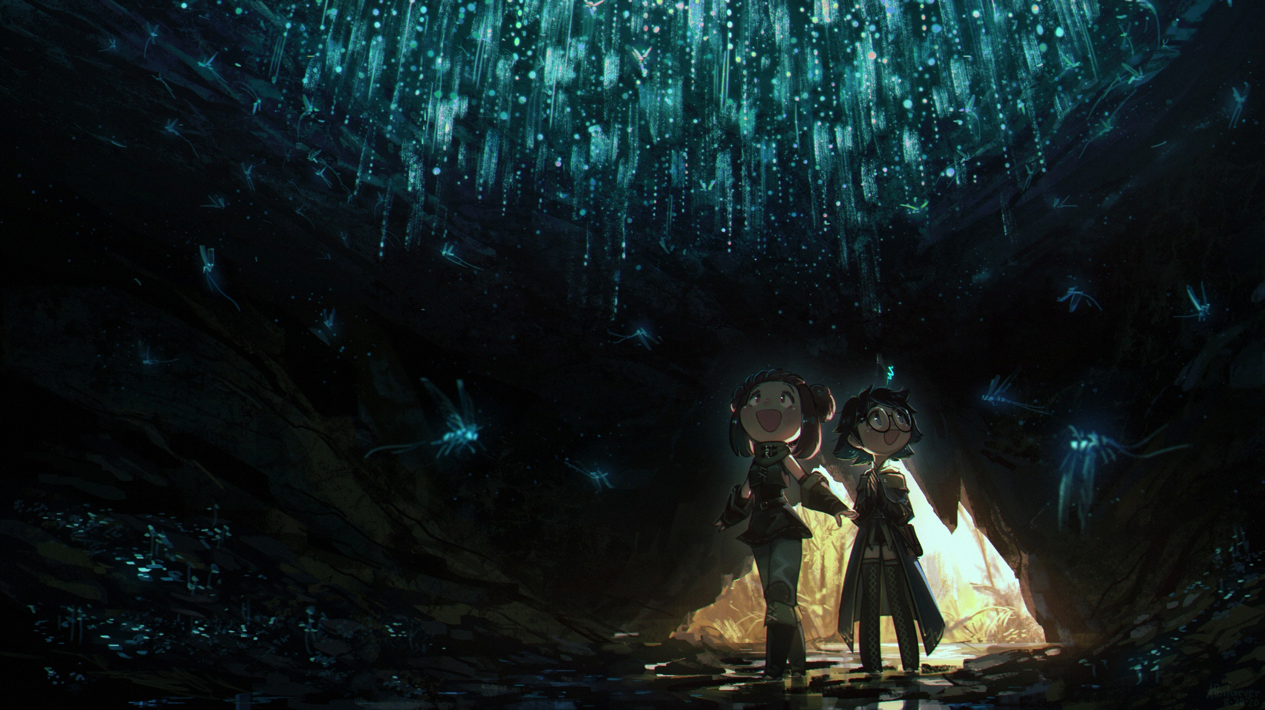 Two children exploring a cave with bioluminescent creatures HD Wallpaper