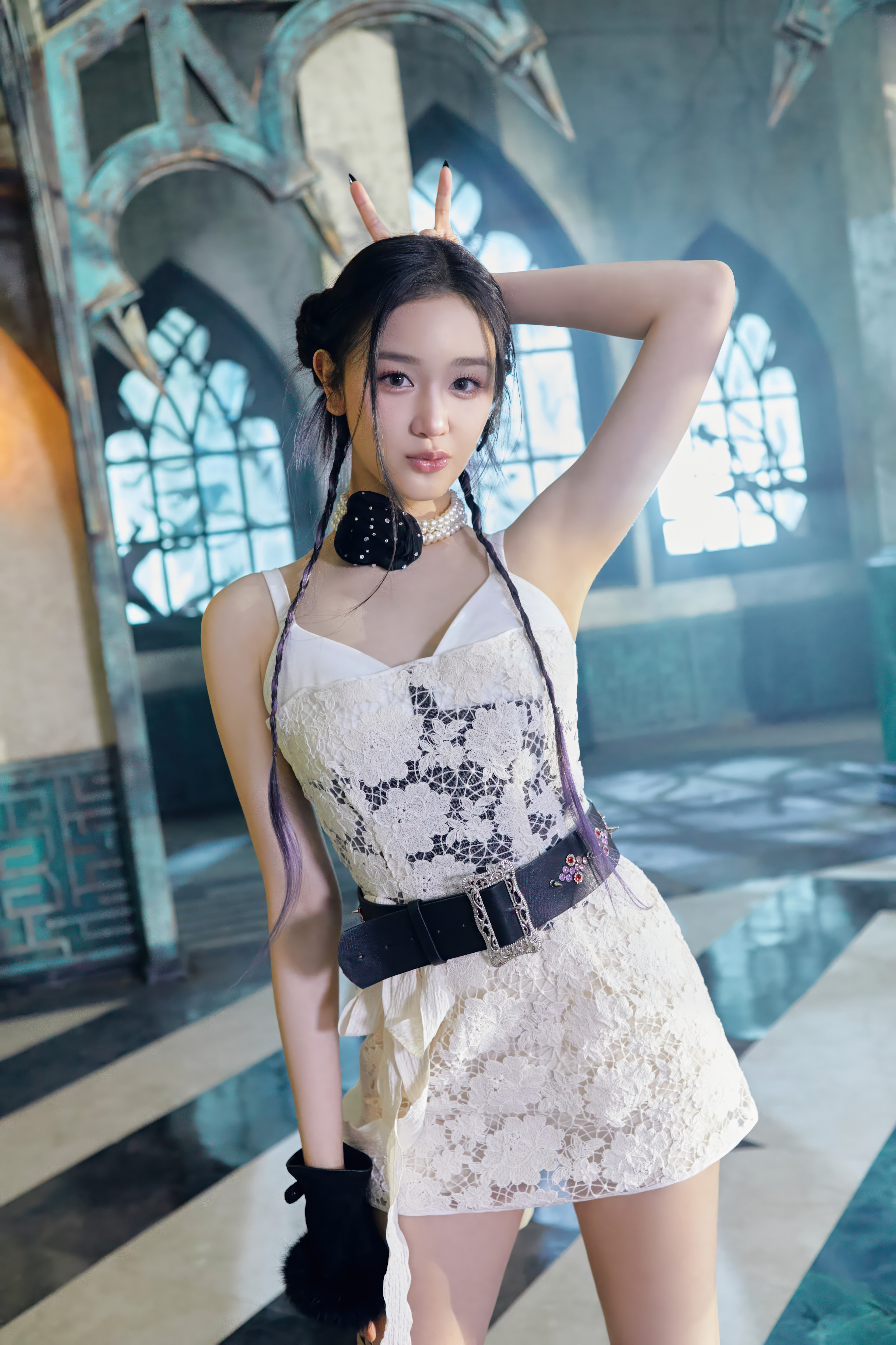 K-pop idol with bunny ears in a lace dress HD Wallpaper