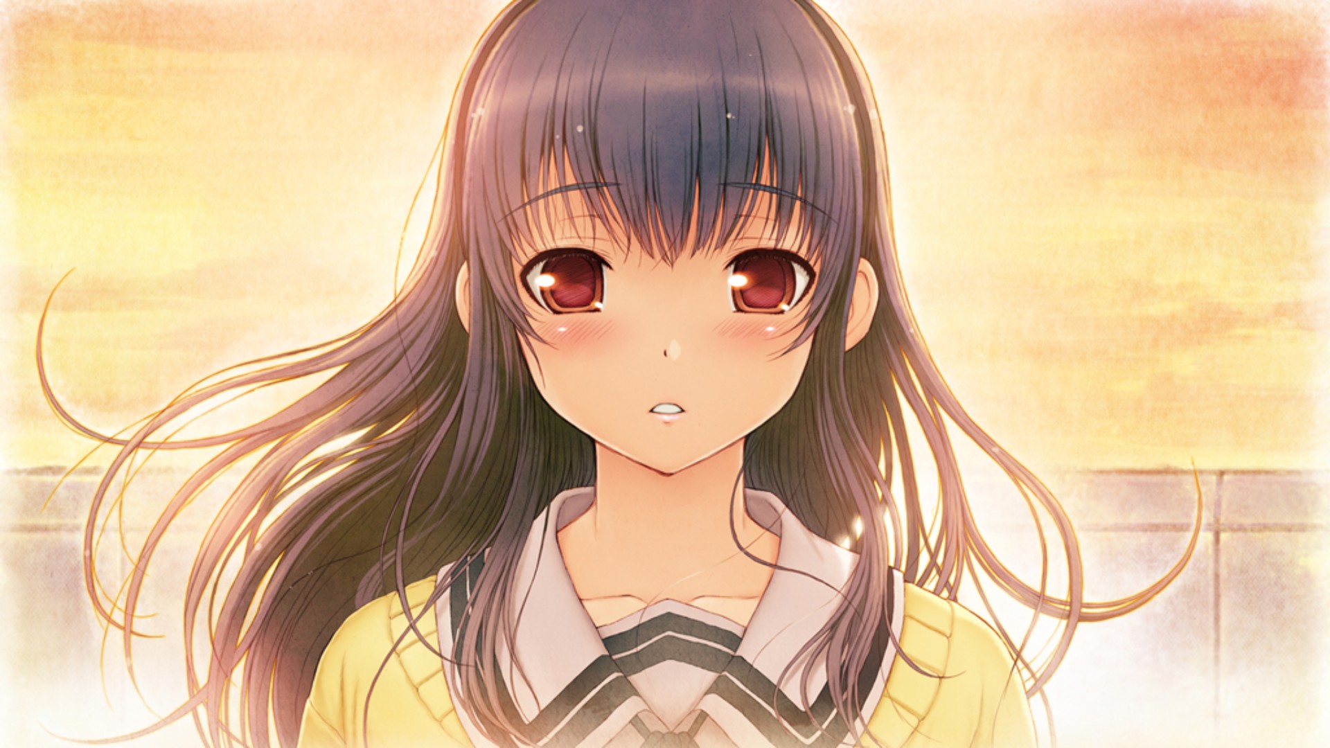 Anime girl with dark hair and red eyes in yellow jacket HD Wallpaper
