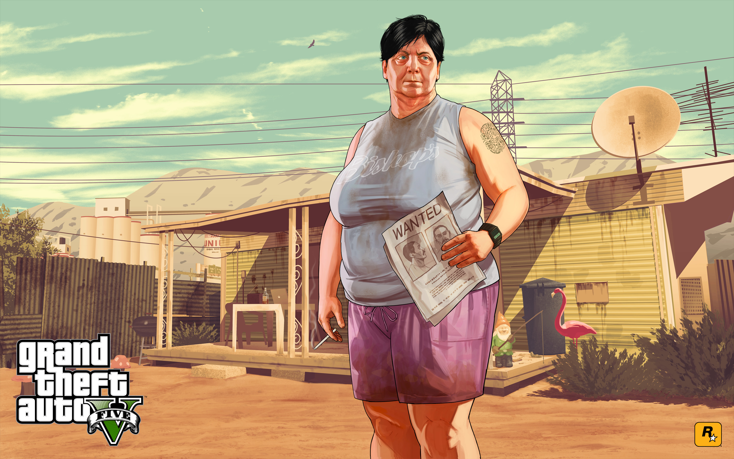 Grand Theft Auto V character holding a wanted poster HD Wallpaper
