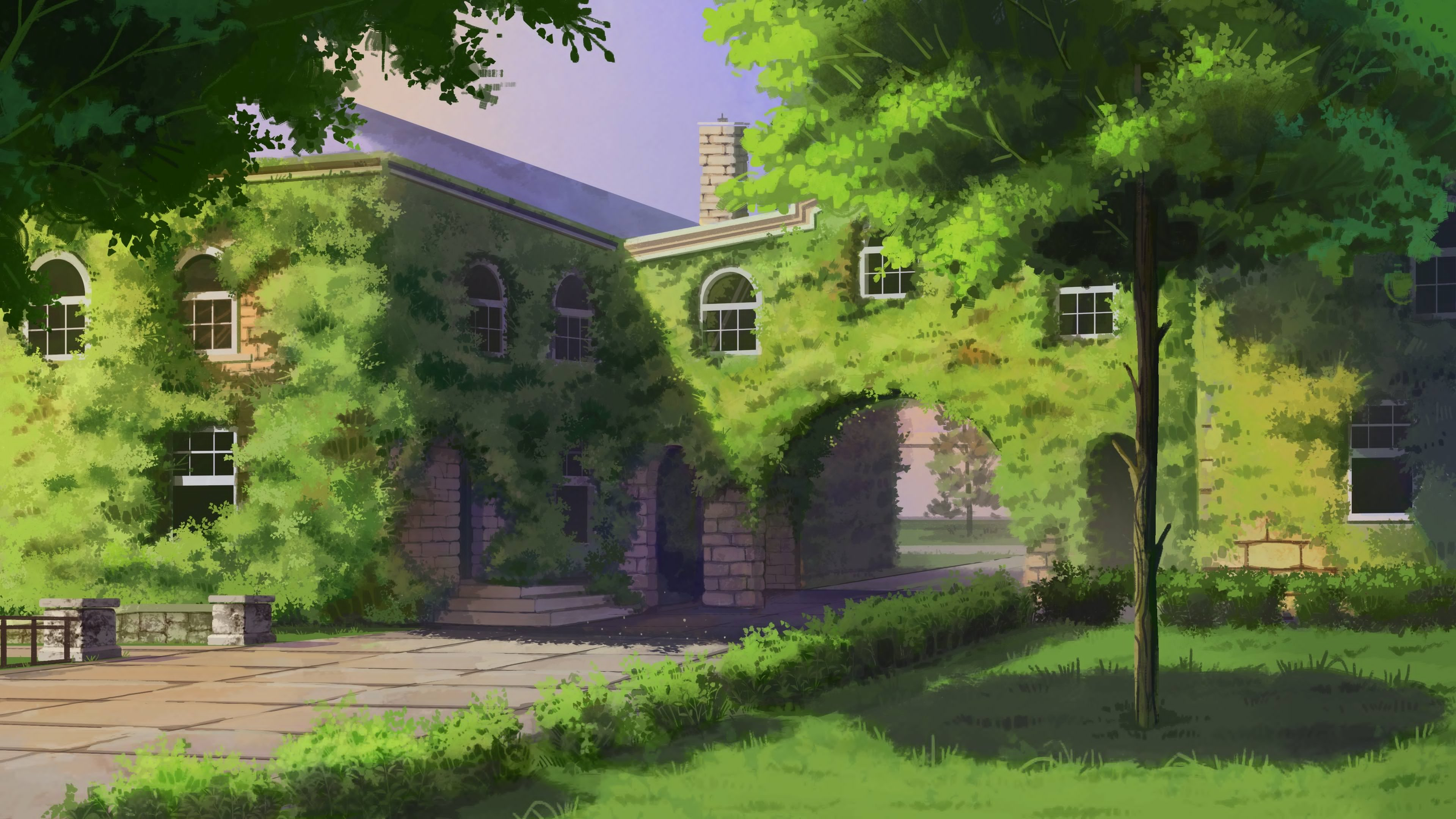 Ivy-covered building with arched walkway and trees HD Wallpaper