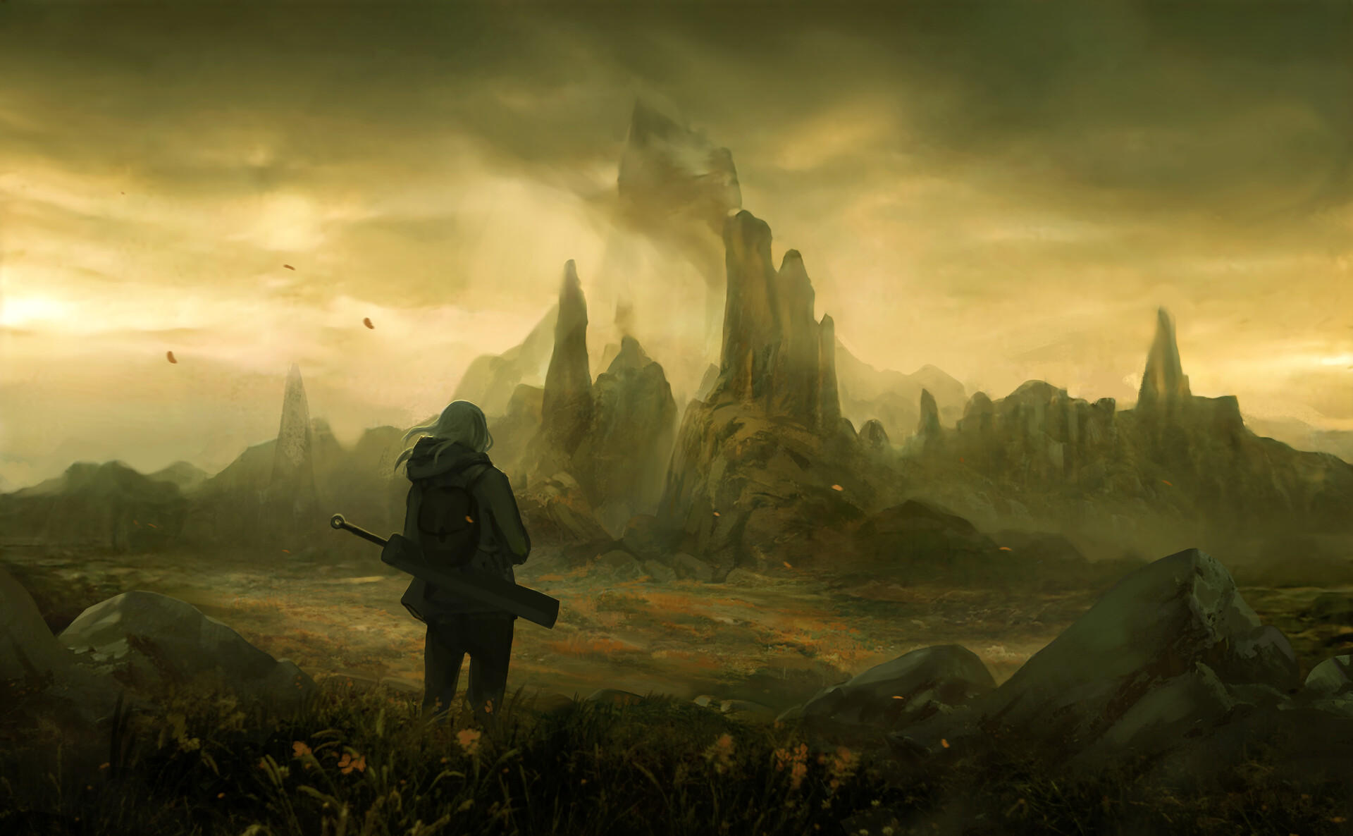Lone traveler with a large sword in a desolate landscape HD Wallpaper