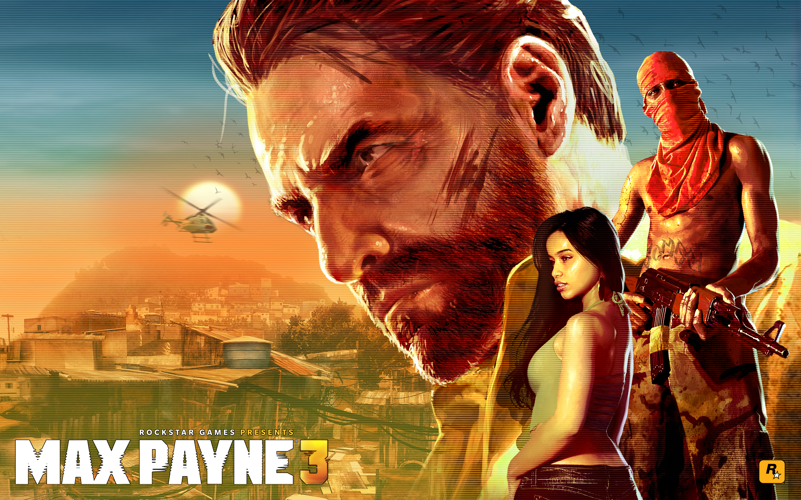 Max Payne 3 game art with Max Payne, a woman, and a masked man HD Wallpaper
