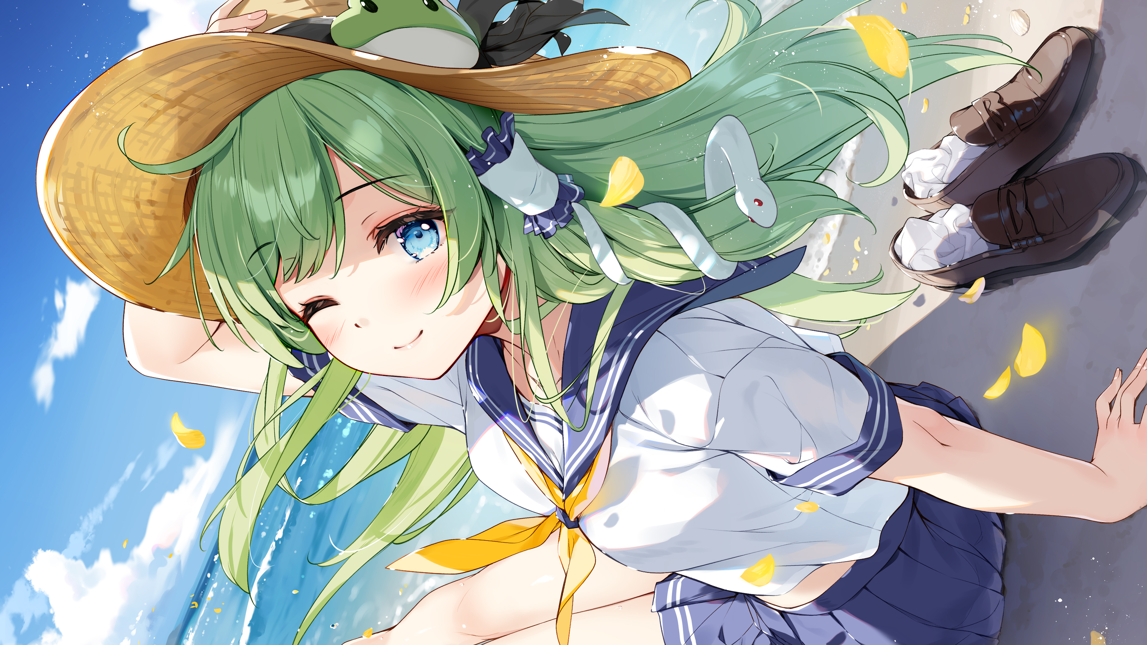 Anime girl in sailor uniform at the beach HD Wallpaper