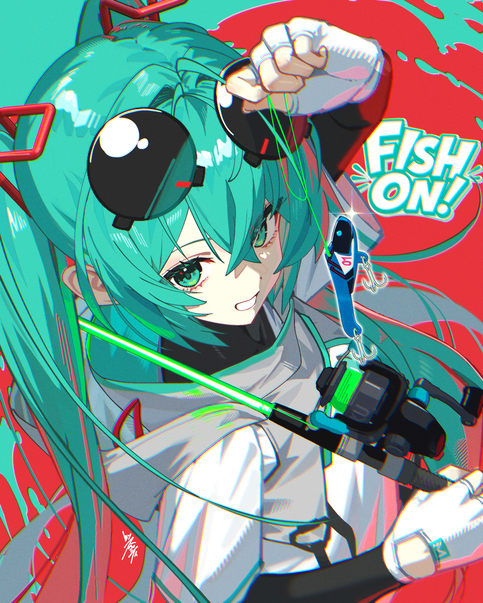Hatsune Miku fishing with a neon green fishing rod HD Wallpaper