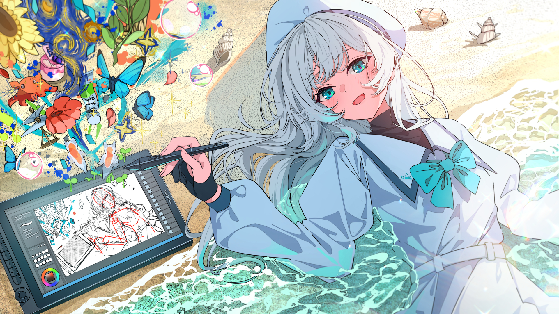 Anime girl drawing on a tablet at the beach HD Wallpaper