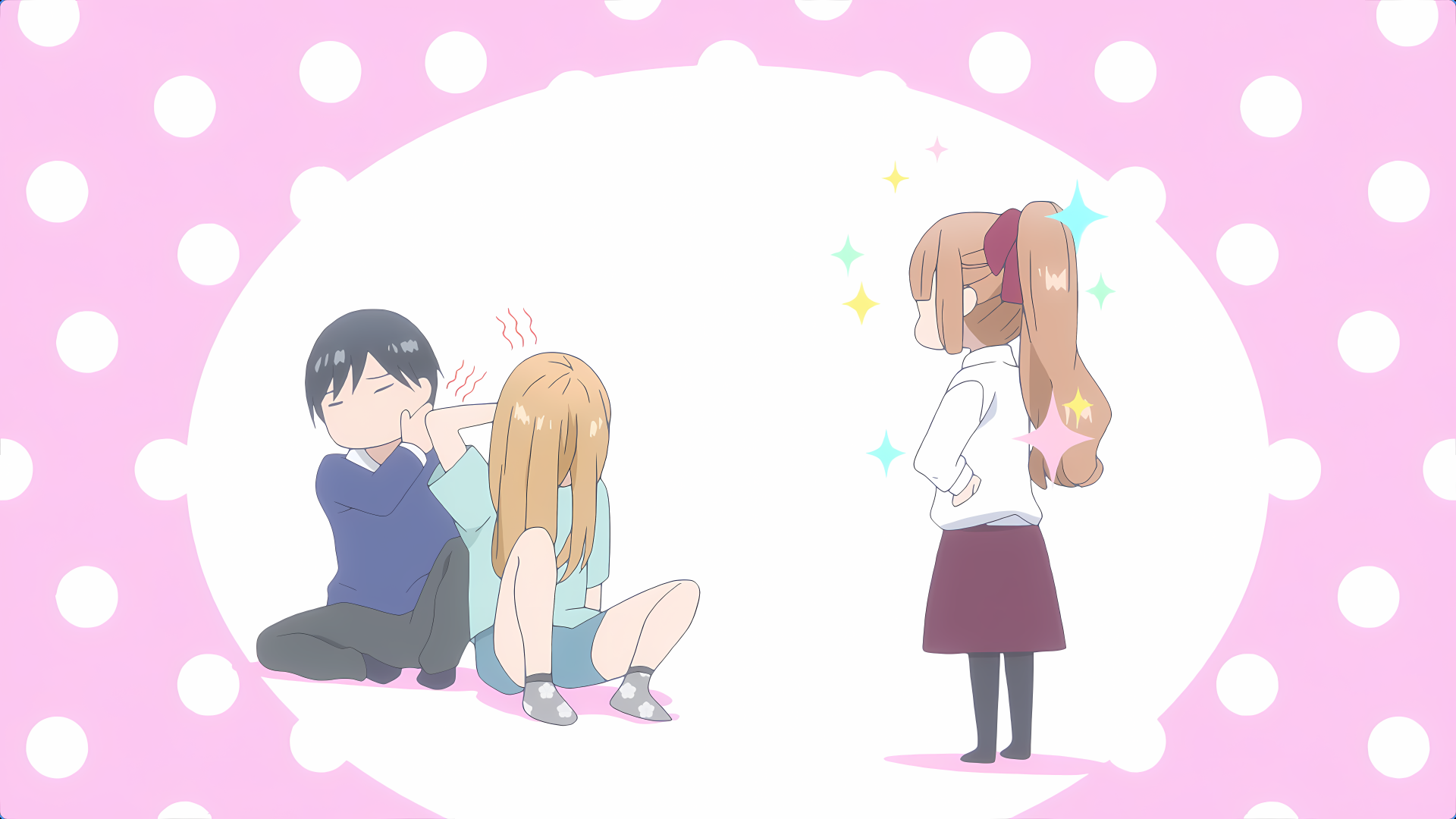 Anime characters in a pink polka dot frame HD Wallpaper