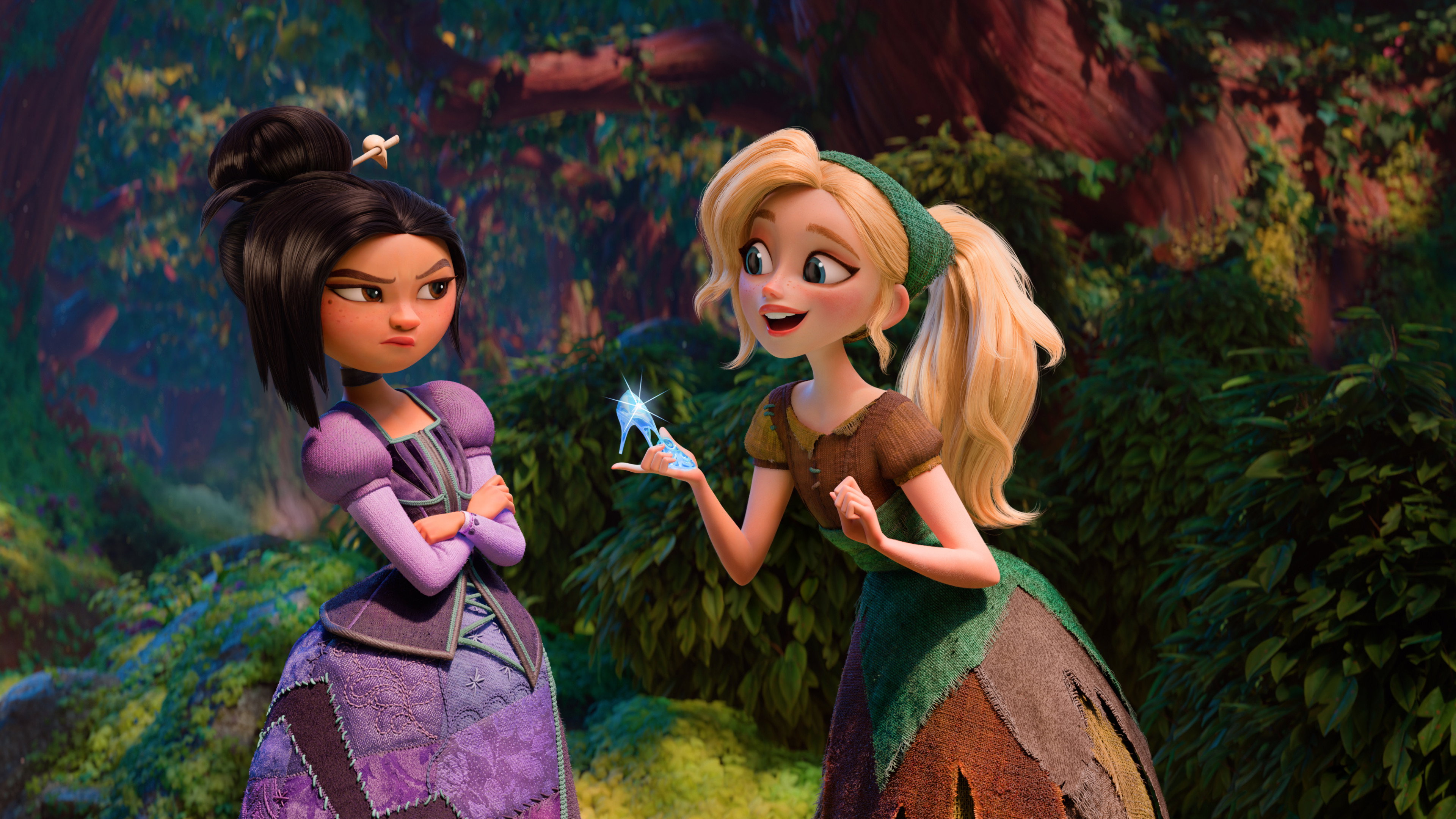 Two girls in a forest with a glass slipper HD Wallpaper