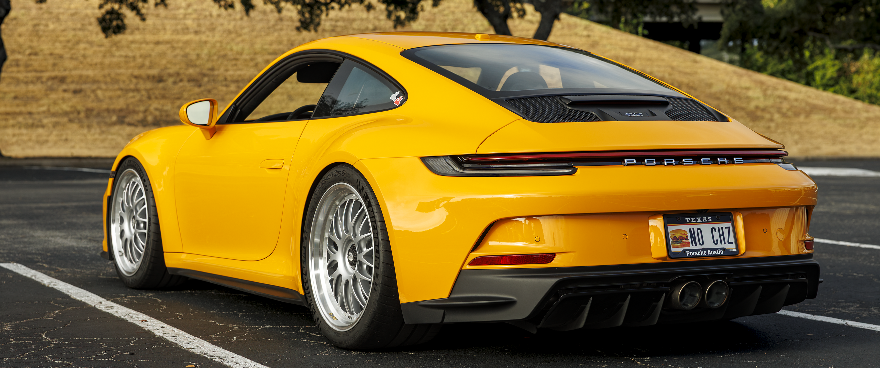 Yellow Porsche 911 GT3 with custom license plate HD Wallpaper