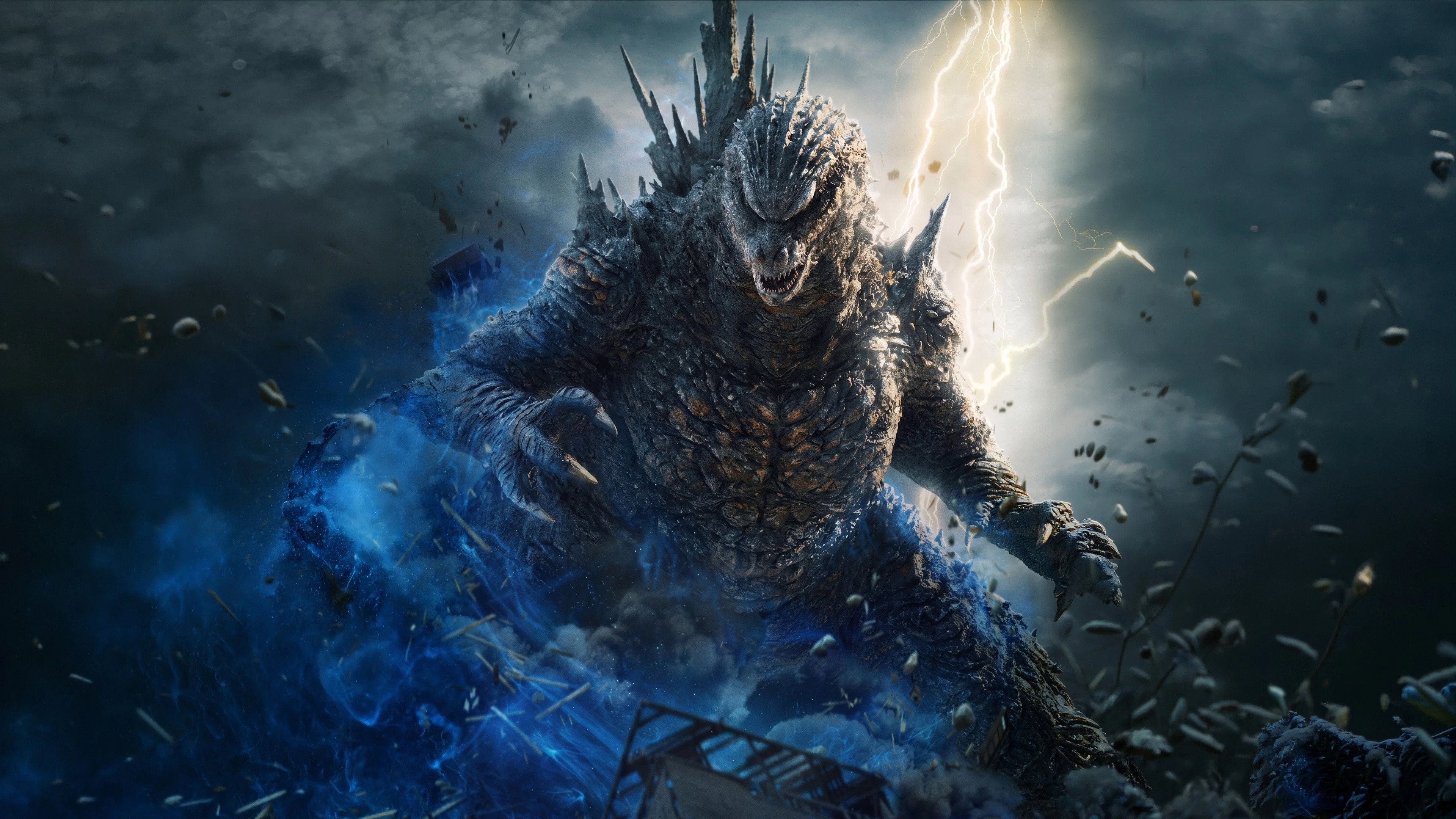 Godzilla surrounded by blue energy and lightning HD Wallpaper