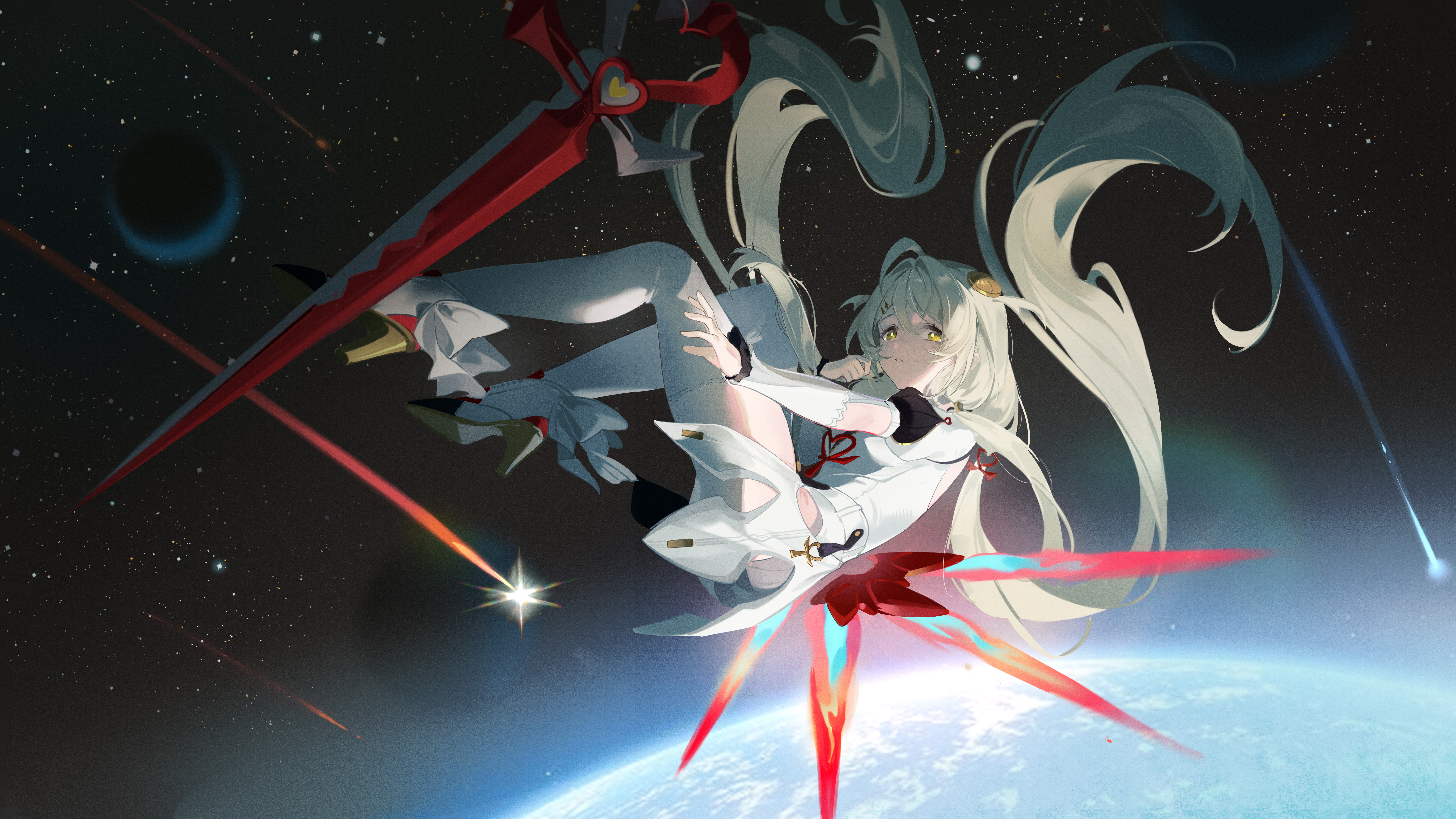 Anime girl with sword in space near planet HD Wallpaper