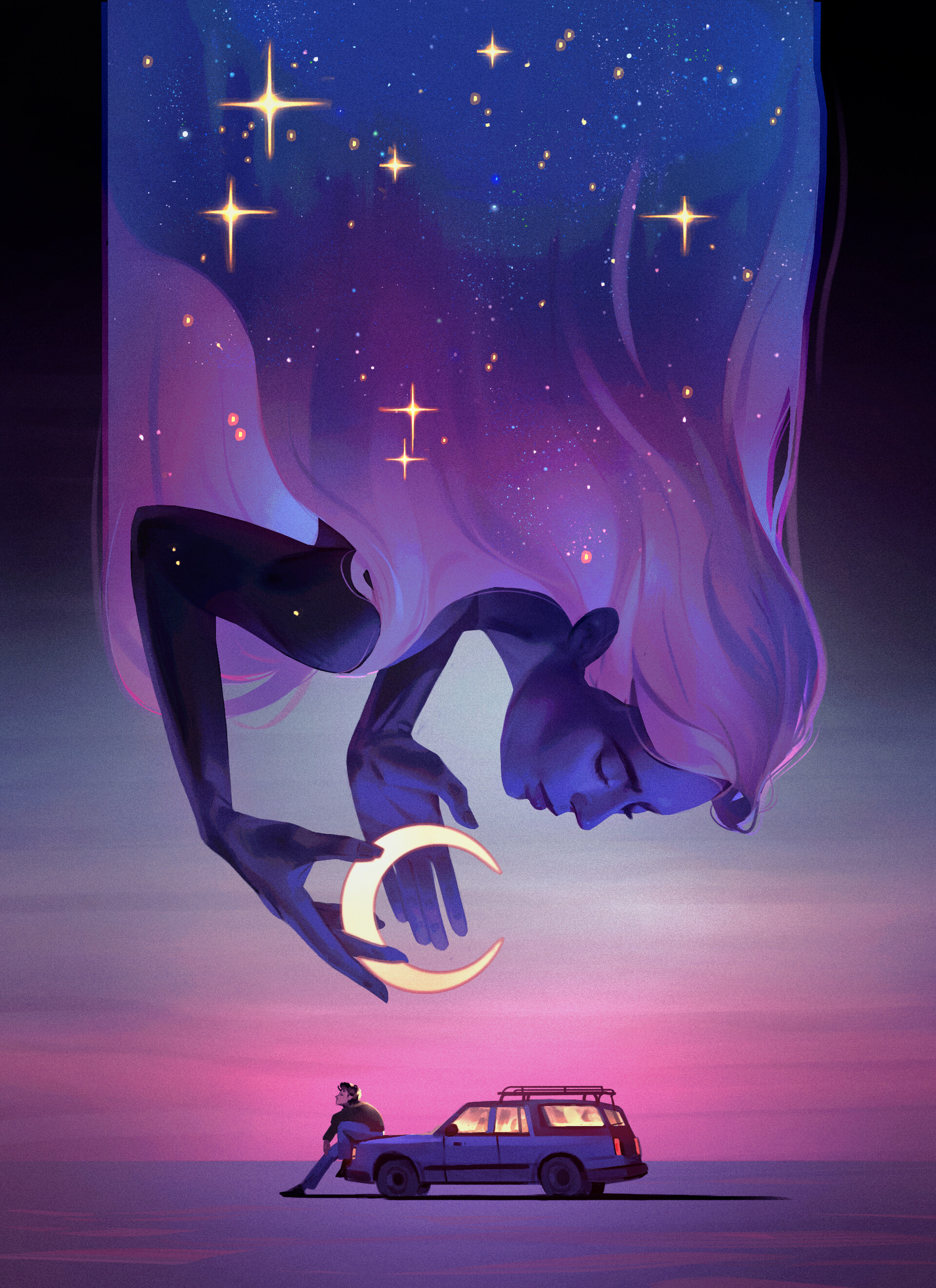Cosmic Being Holding Moon Over Person and Car HD Wallpaper