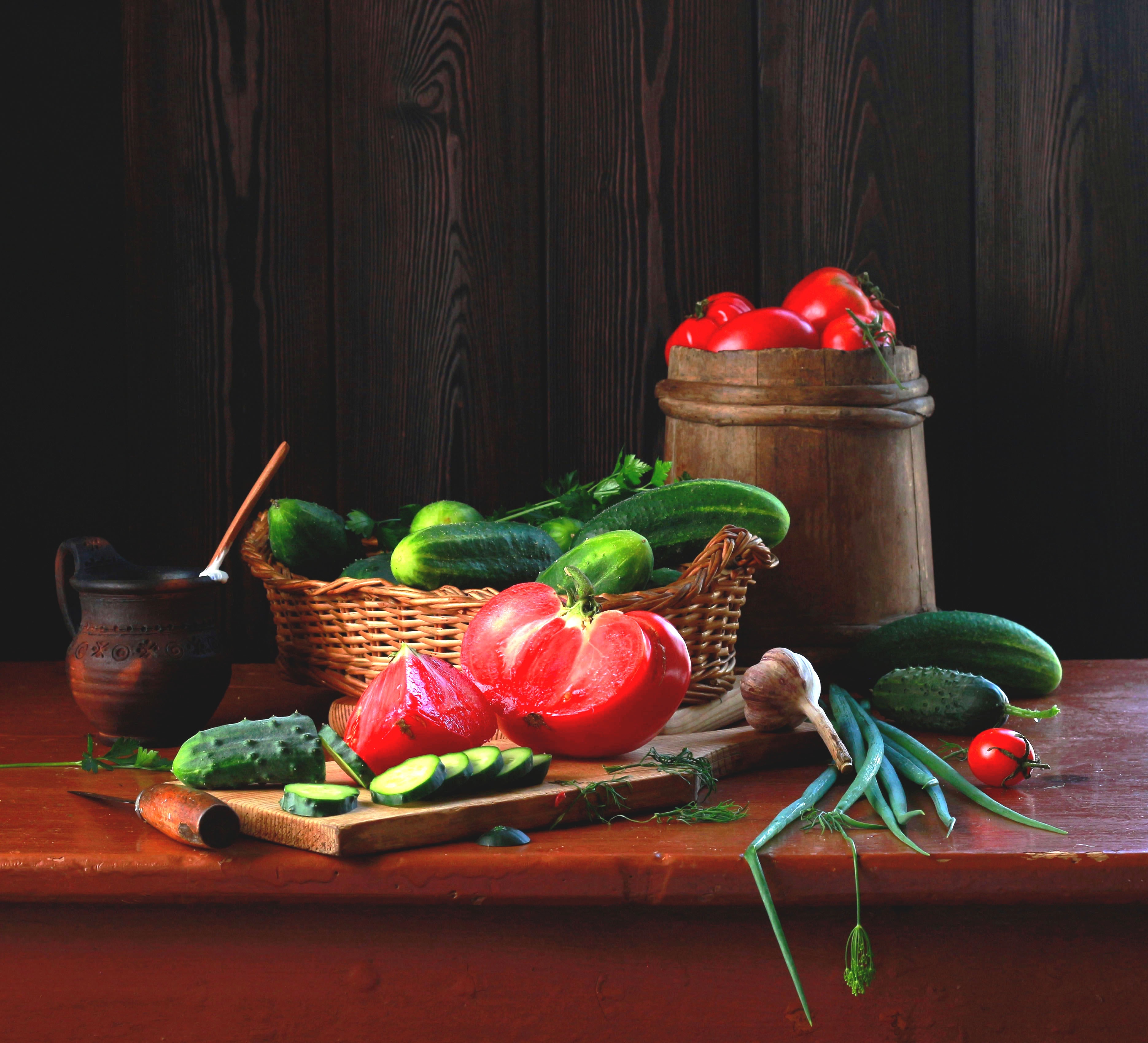 Still life with cucumbers, tomatoes, and garlic HD Wallpaper