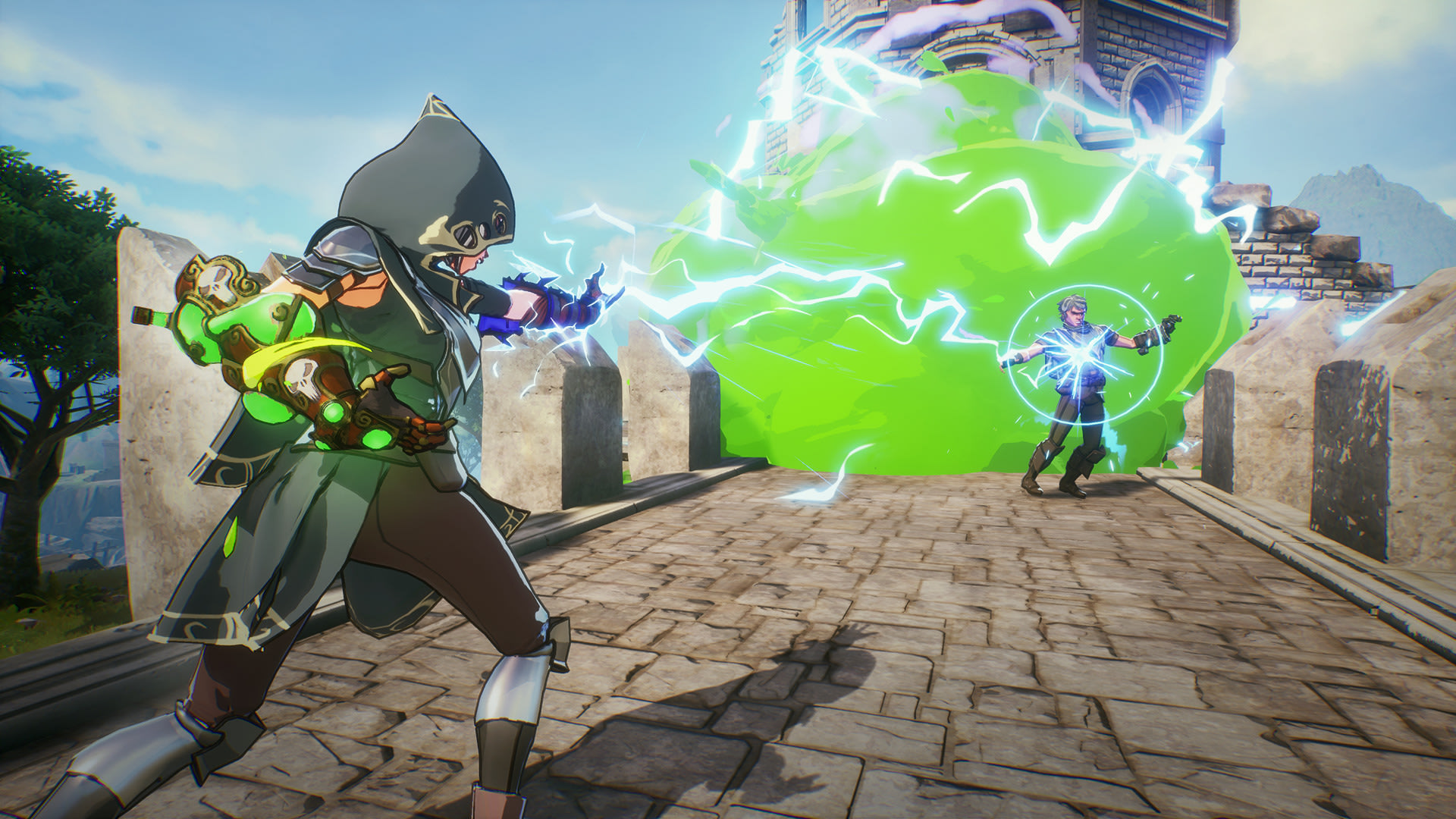 Spellbreak characters casting spells on a stone bridge HD Wallpaper
