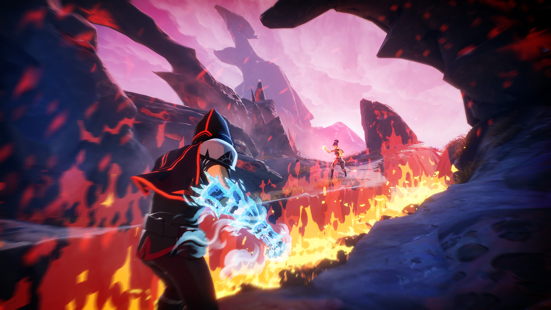 Spellbreak characters in a fiery landscape HD Wallpaper