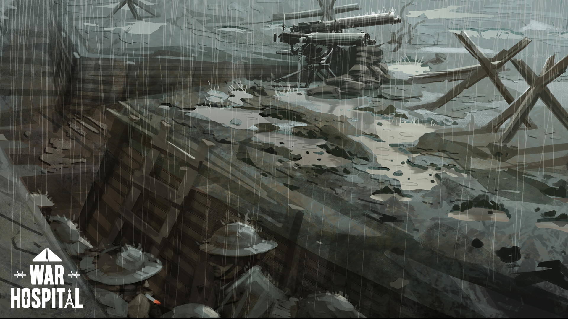 War Hospital trench scene with machine gun HD Wallpaper