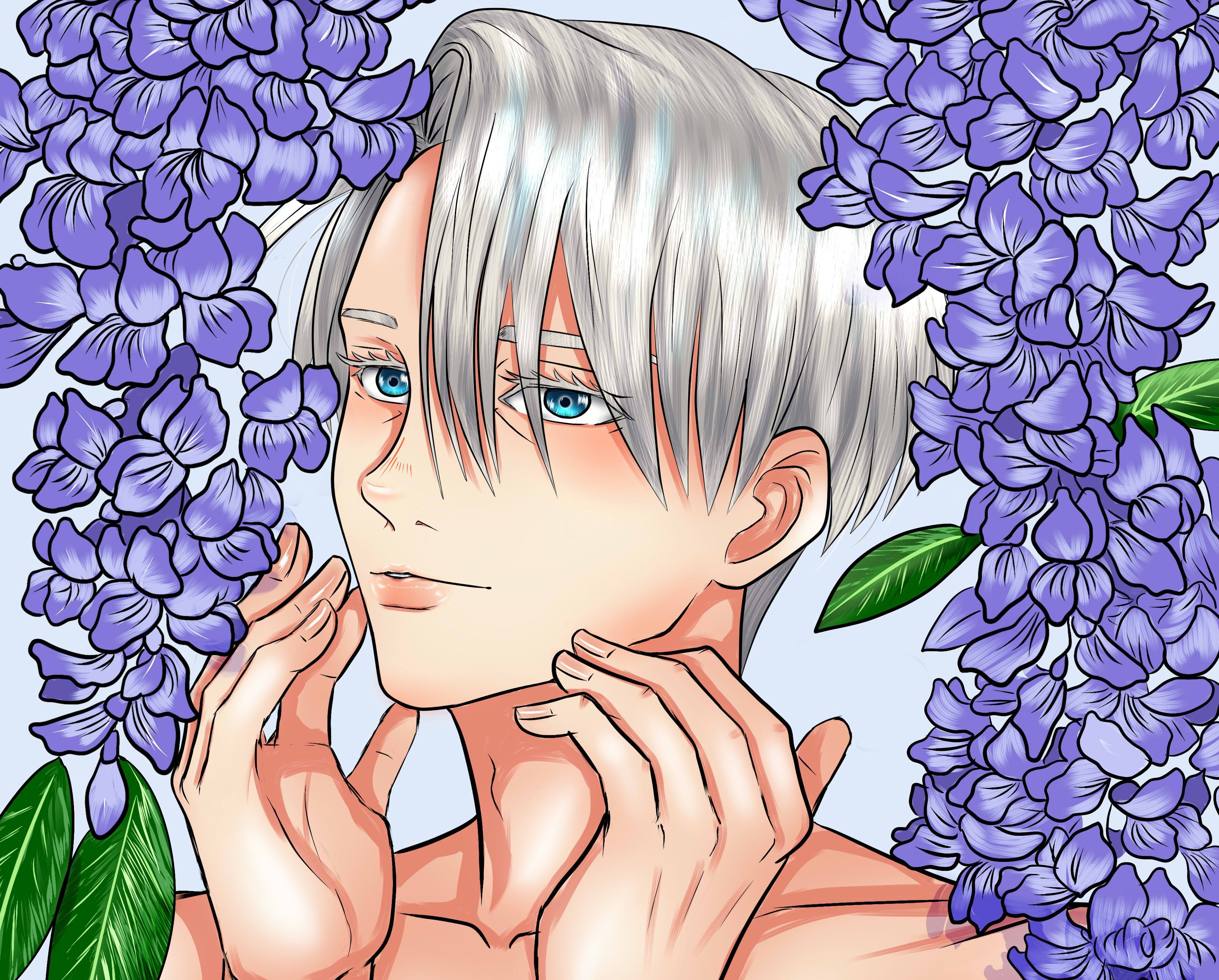 Victor Nikiforov with purple flowers HD Wallpaper