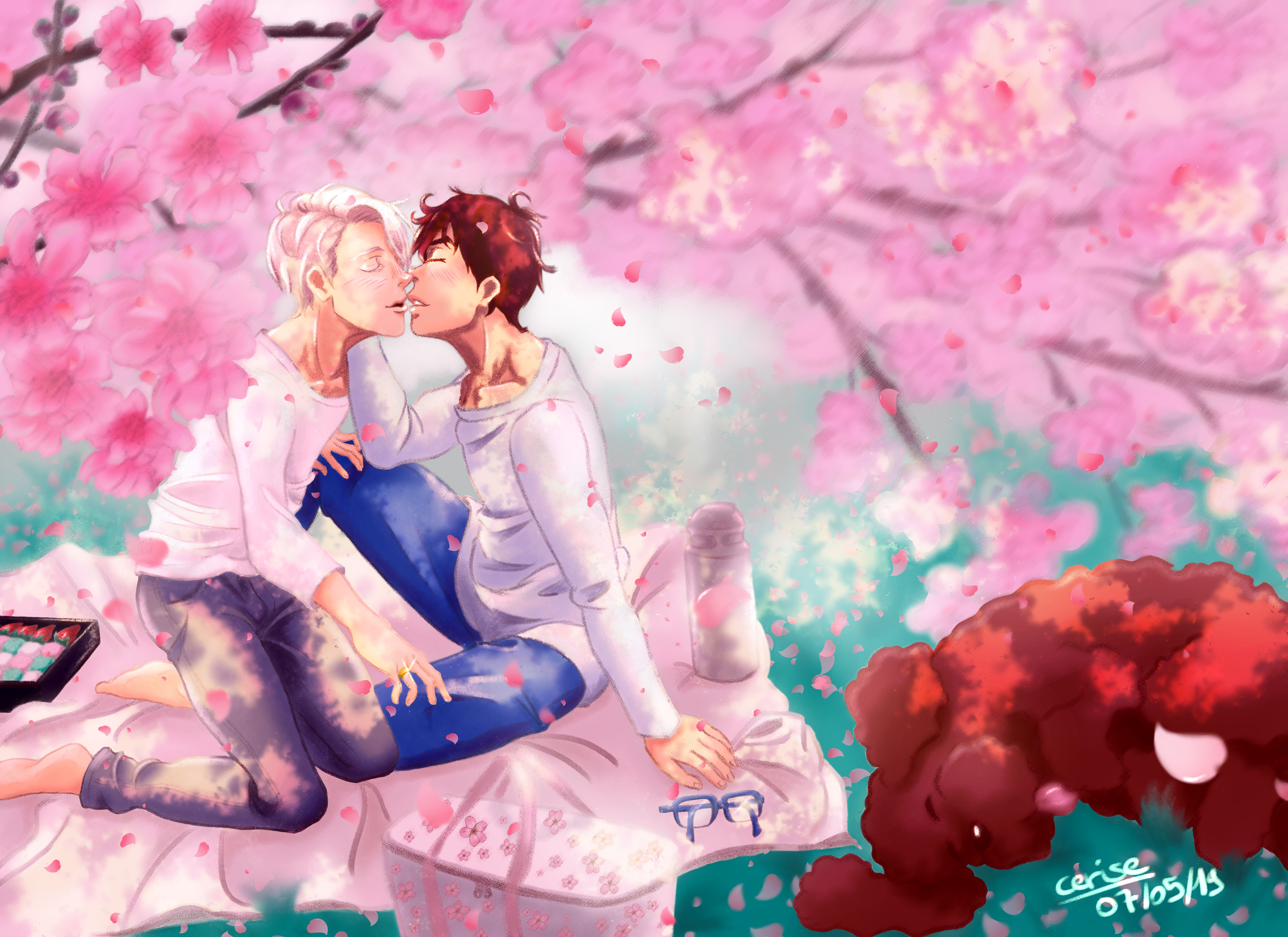 Yuri!!! On Ice 4K: Yuuri and Victor under Cherry Blossoms HD Wallpaper