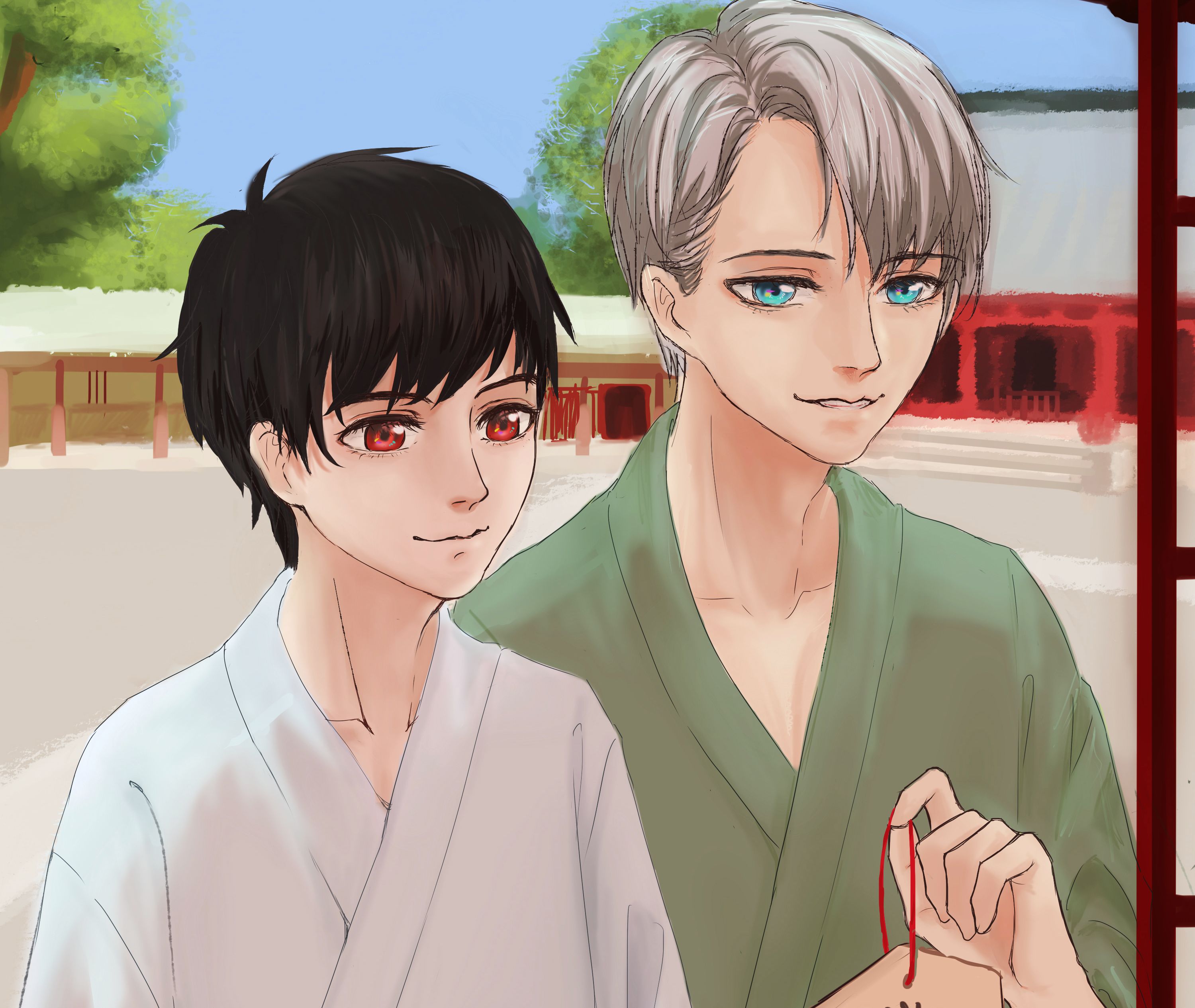Yuuri Katsuki and Victor Nikiforov at a Shrine HD Wallpaper