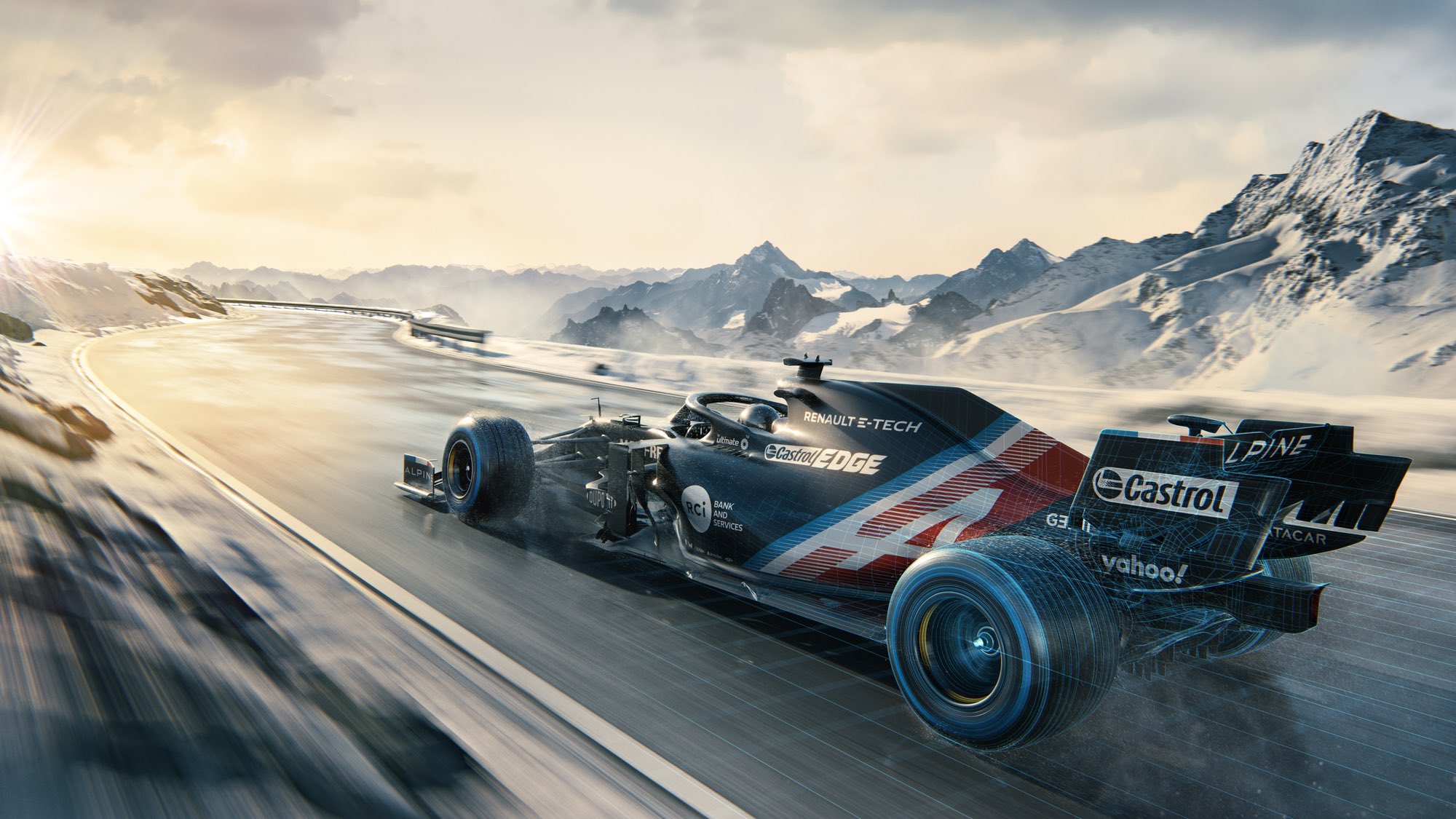 Alpine F1 Car on a Snowy Mountain Road HD Wallpaper