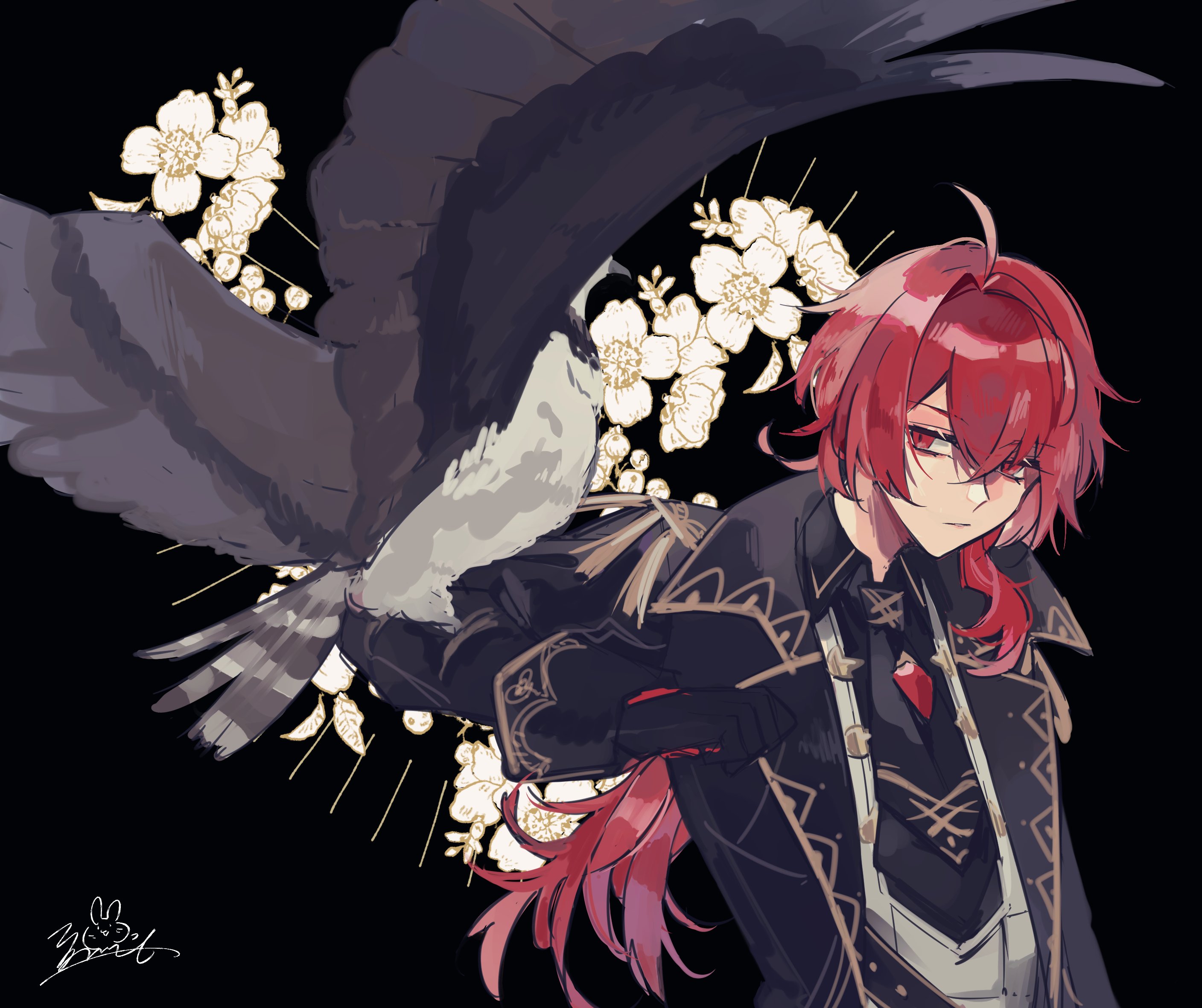 Diluc from Genshin Impact with a bird and flowers HD Wallpaper
