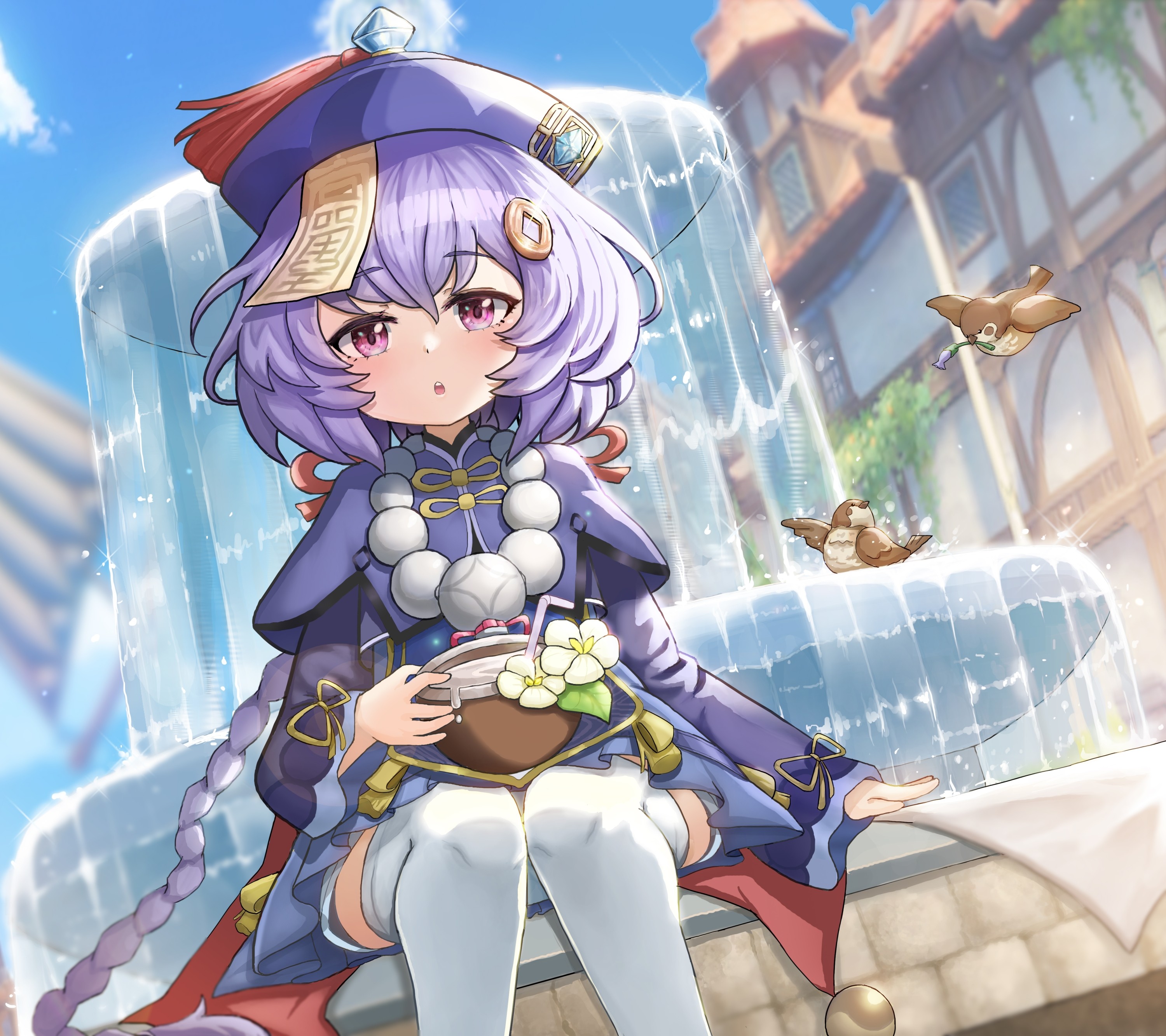 Qiqi from Genshin Impact by a fountain HD Wallpaper