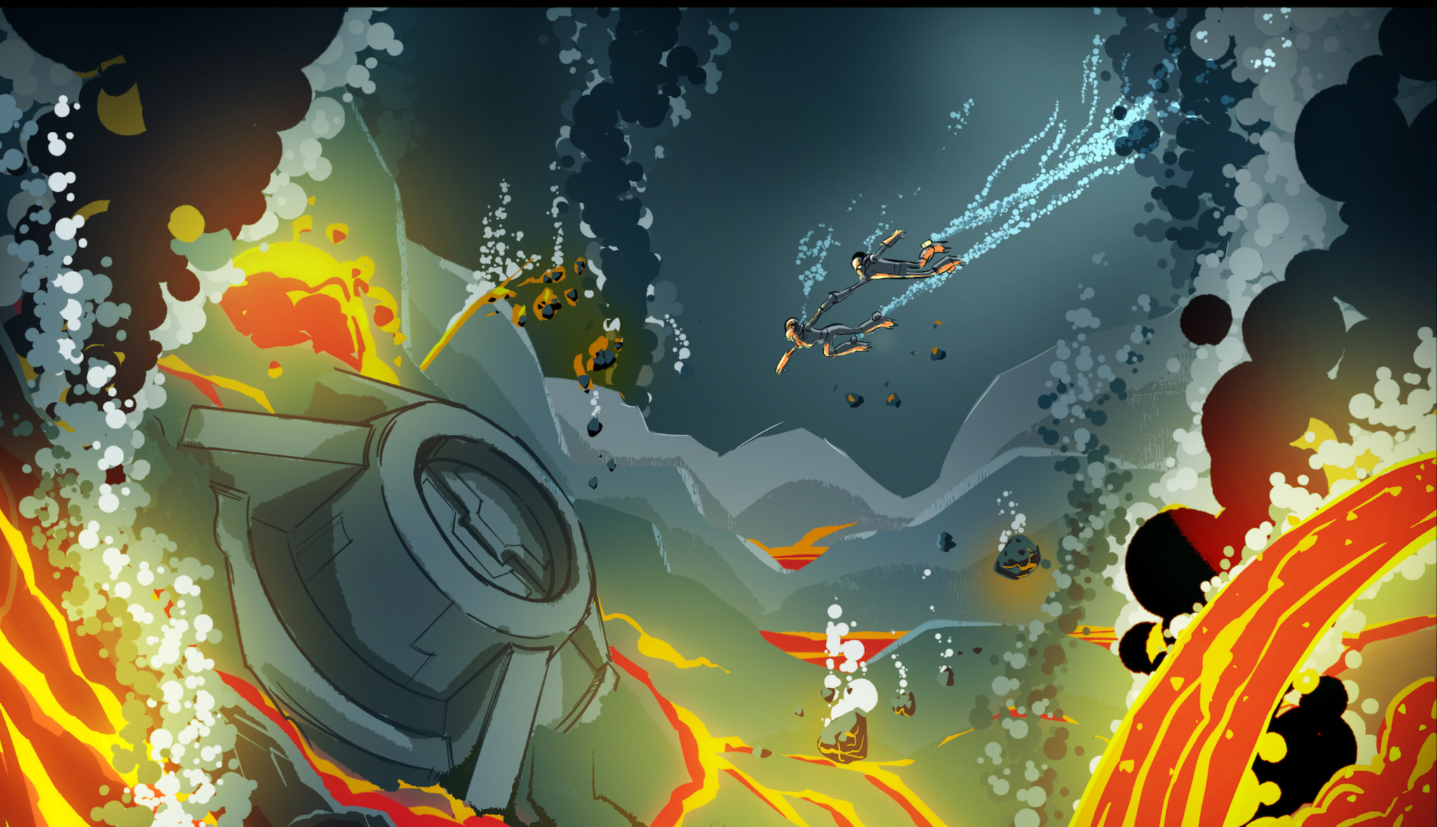 Gary Goodspeed and Quinn Airgon underwater near lava in Final Space HD Wallpaper