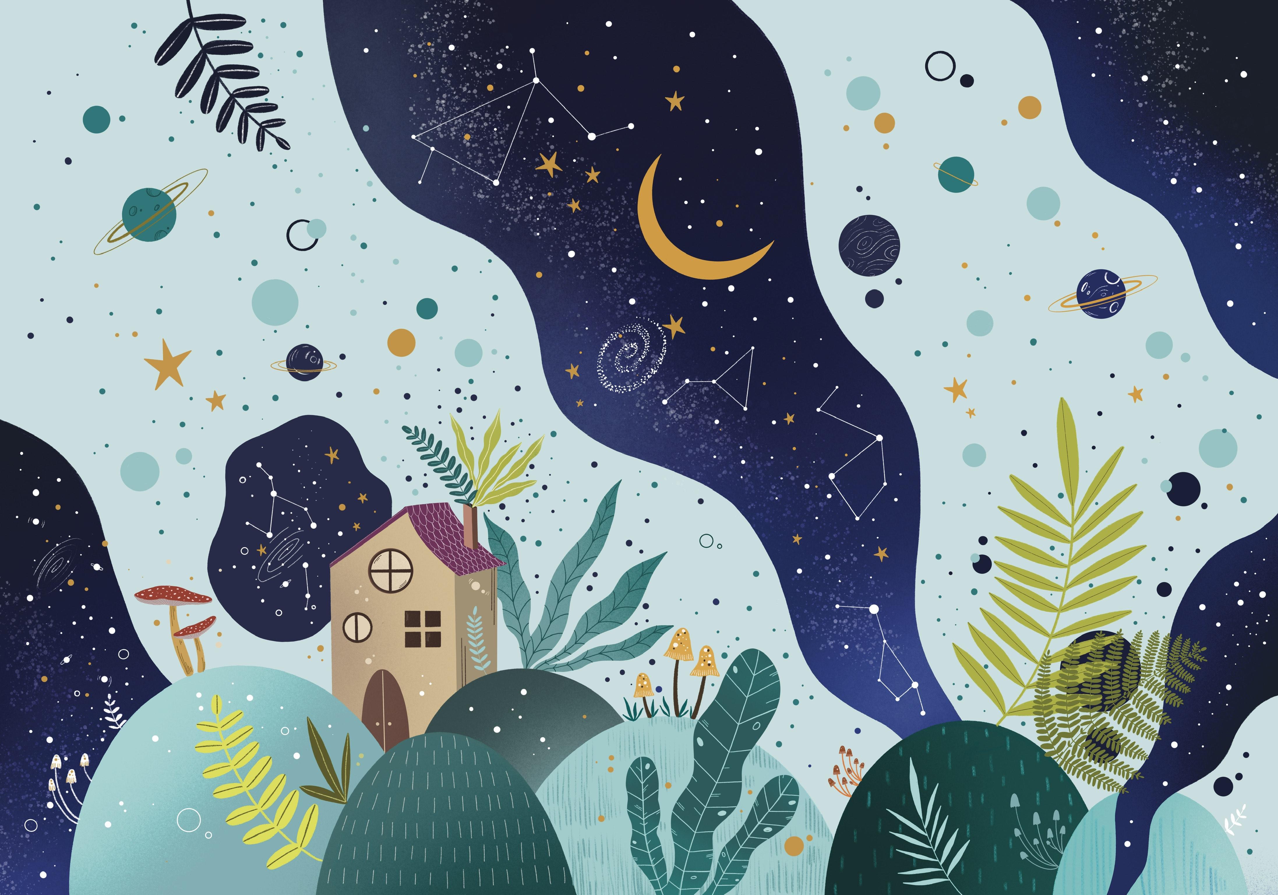 Whimsical Cosmic Landscape with House and Planets 4K HD Wallpaper