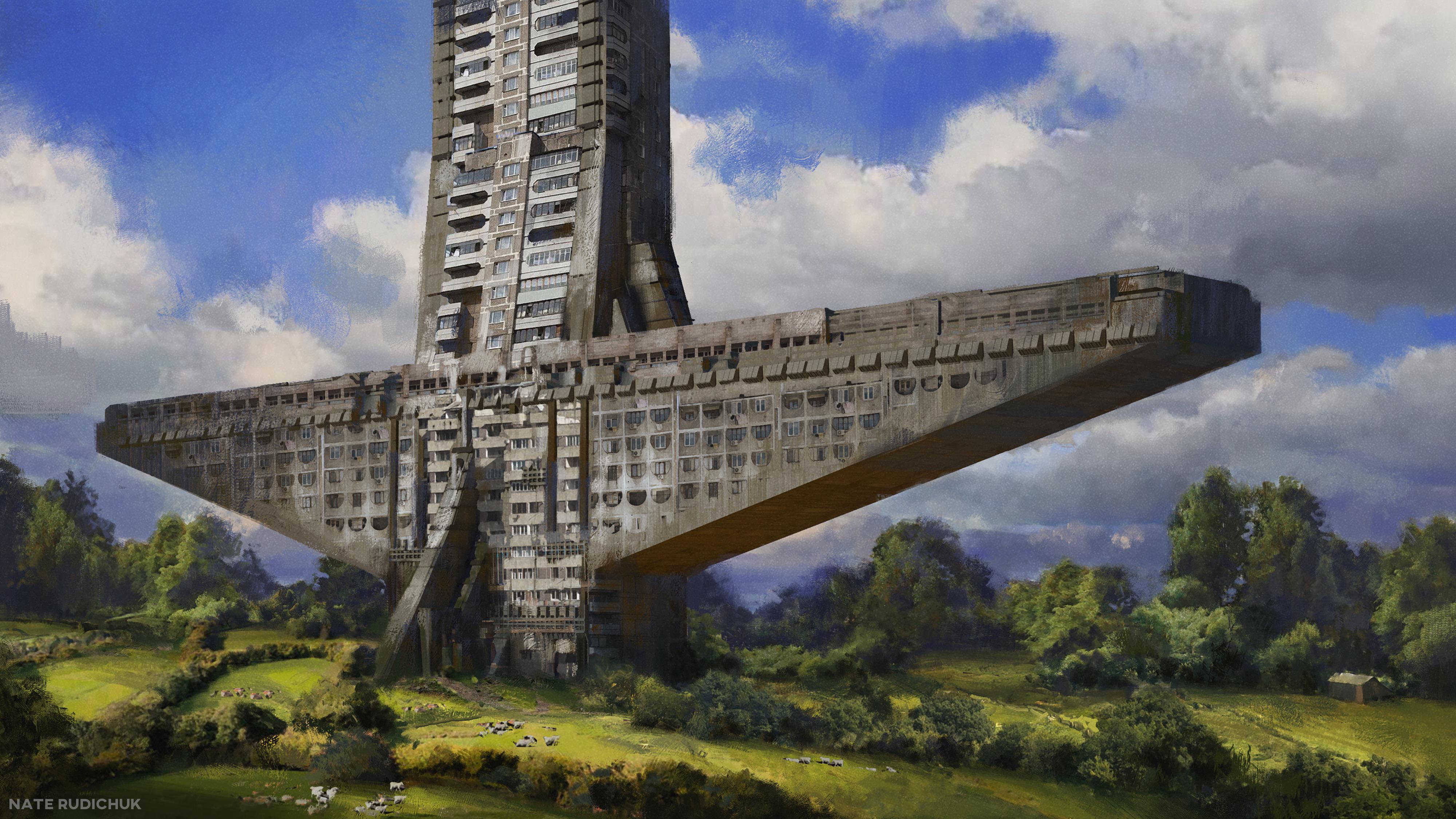 Futuristic Brutalist Housing Block in a Rural Landscape HD Wallpaper